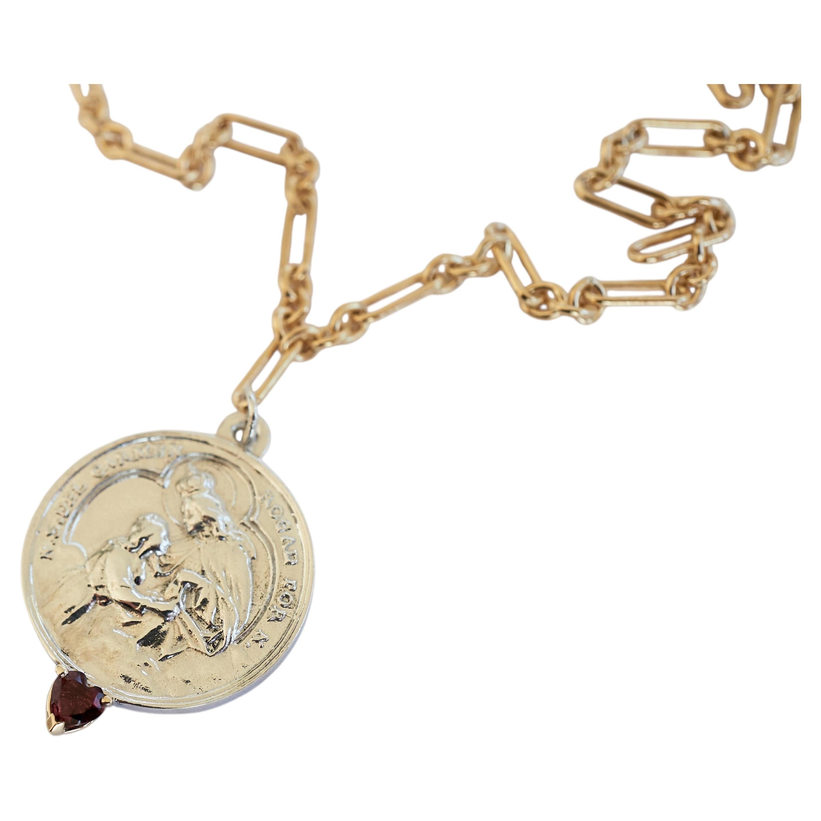 Collier à chaîne en rubis, médaille d'argent, Vierge Marie du Mont-Carmel