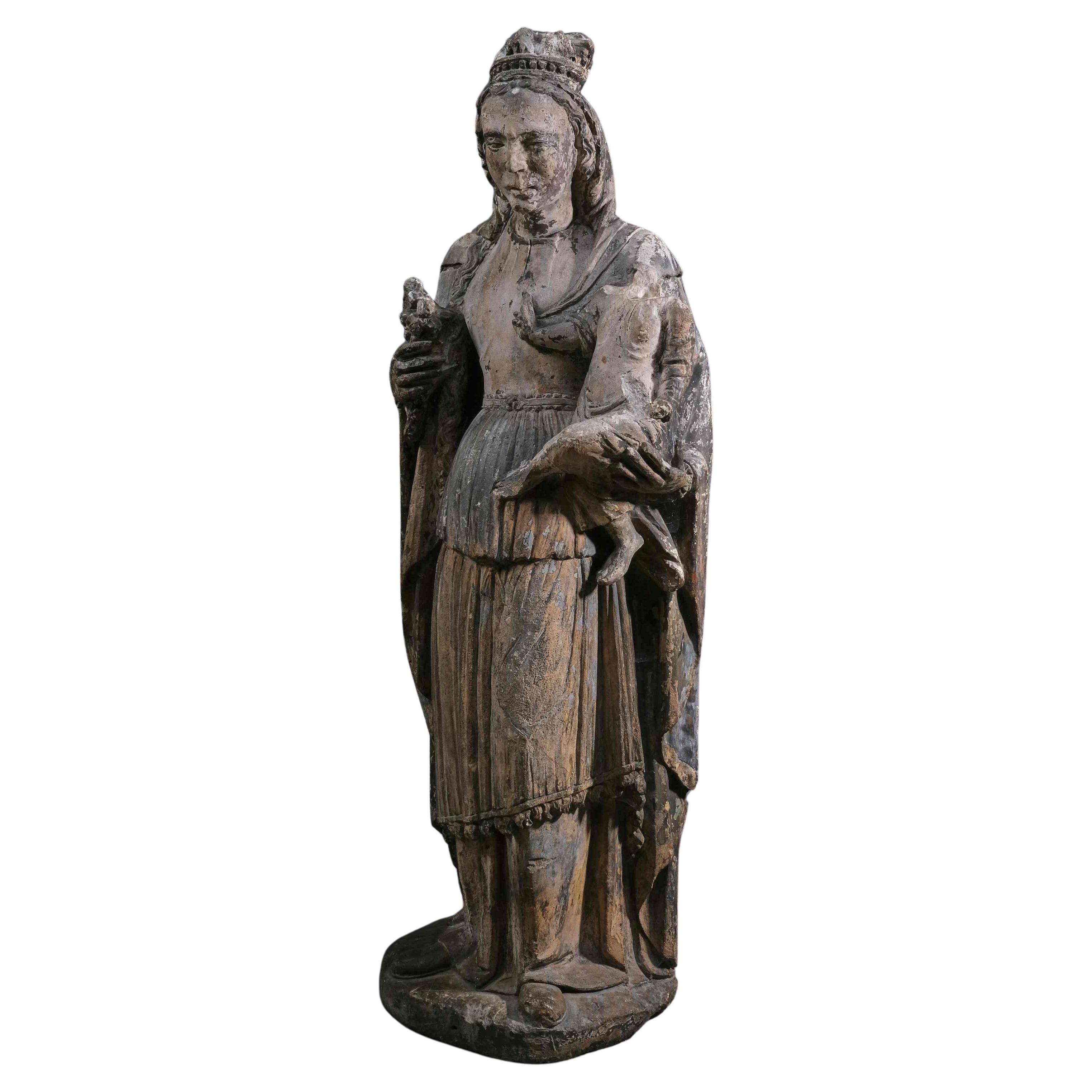 Virgin in limestone with remains of old colours, prob. Burgundy, 16th century For Sale