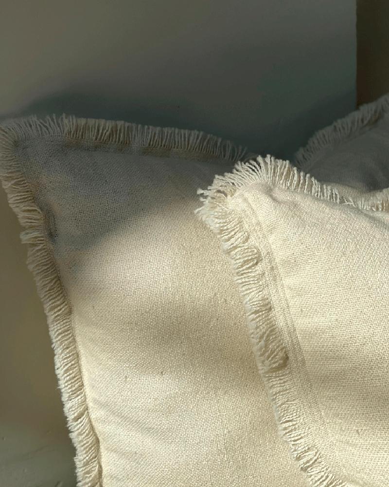 Virgin Llama Wool Throw Pillow in Cream with Fringe, in Stock In New Condition For Sale In West Hollywood, CA