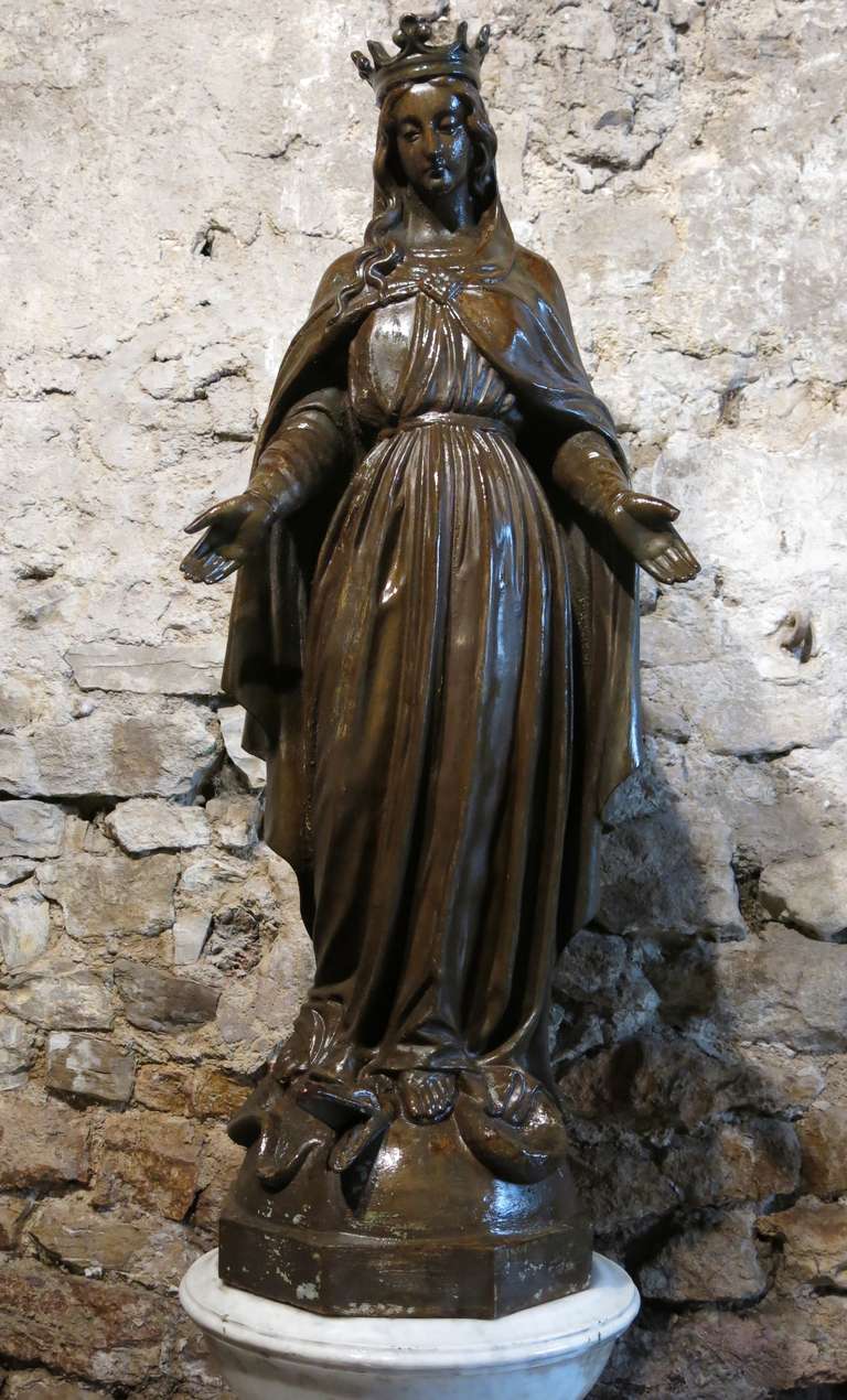 Cast Virgin Marie Statue Style Patina after Val d Osne, circa 1880, France