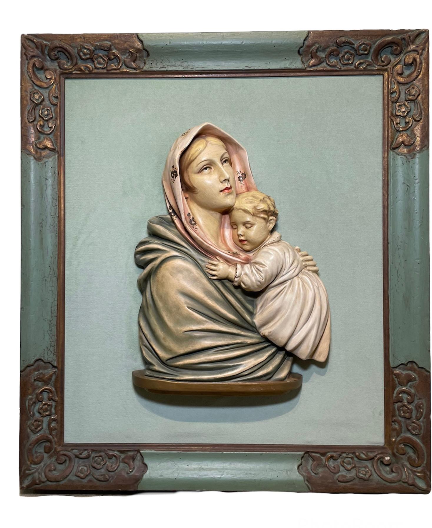 Virgin Mary and Baby Jesus Ceramic Sculpture/Relief Frame For Sale 1