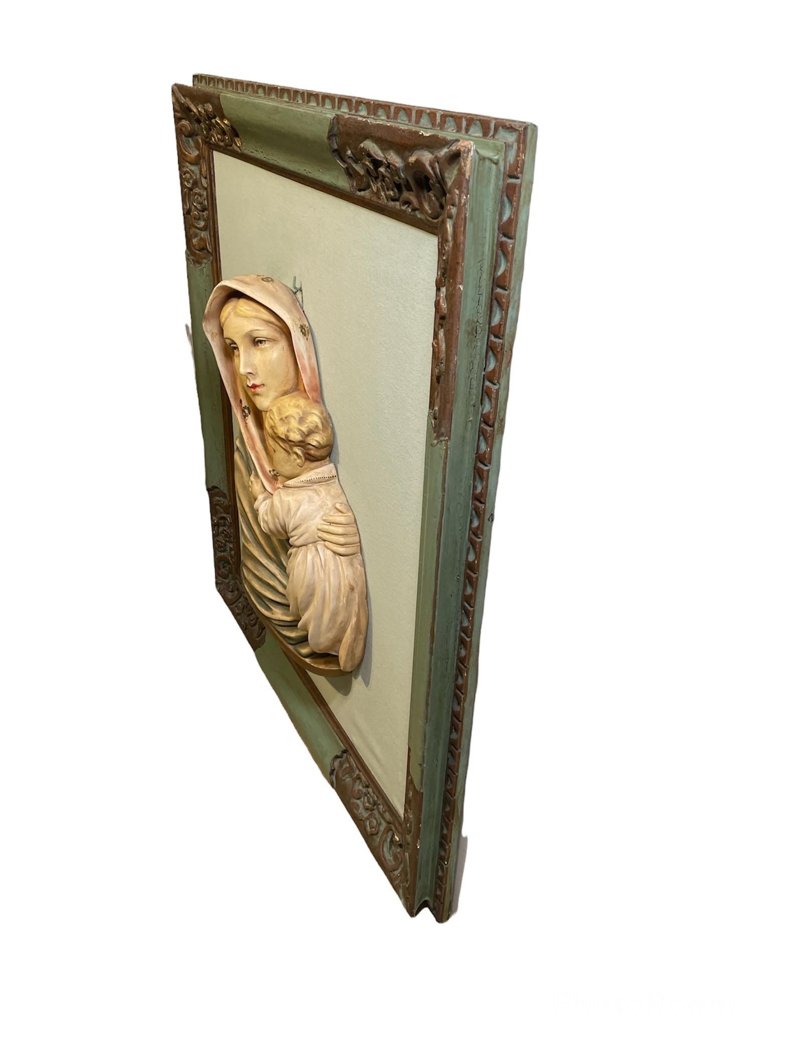 Unknown Virgin Mary and Baby Jesus Ceramic Sculpture/Relief Frame For Sale