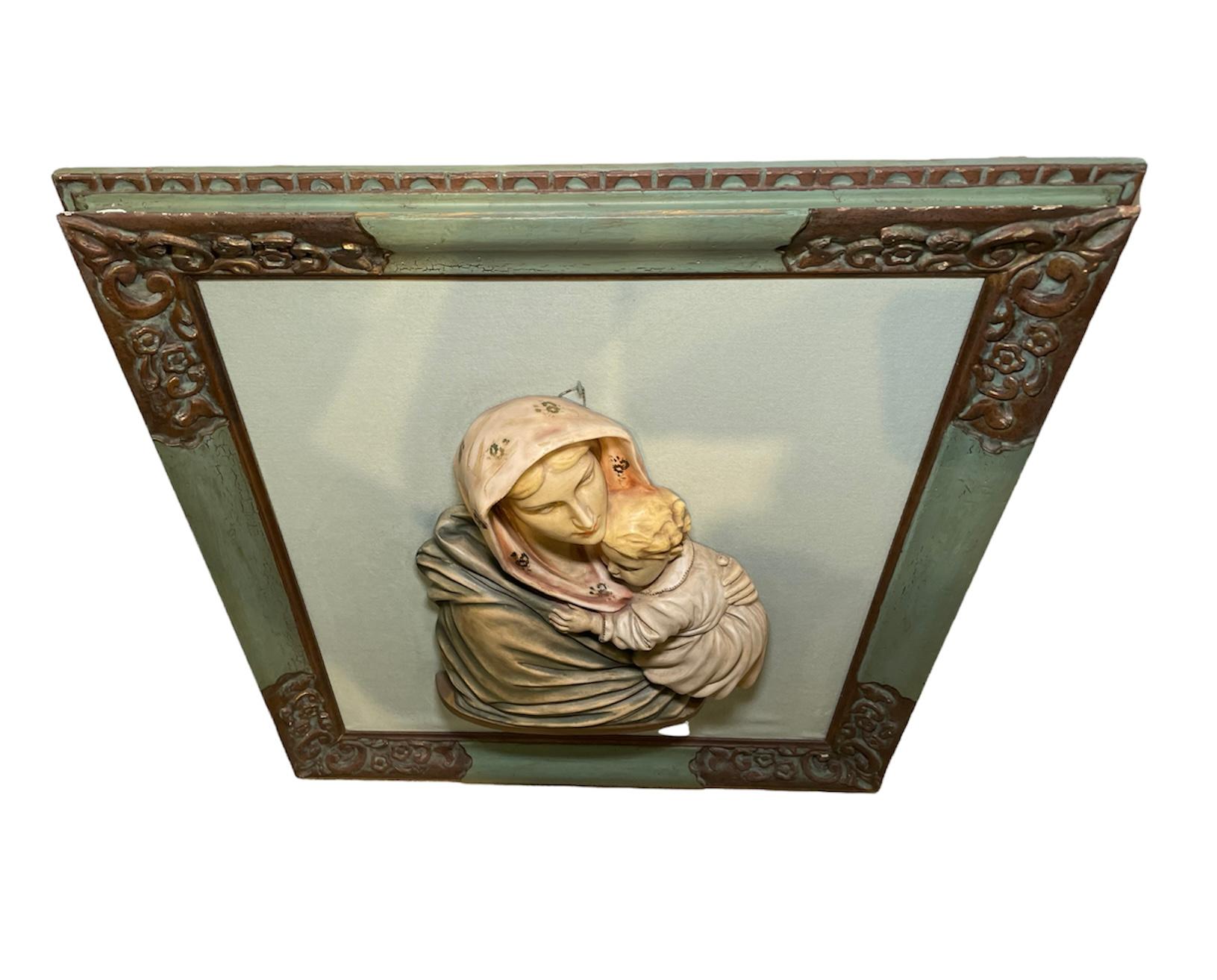 Hand-Crafted Virgin Mary and Baby Jesus Ceramic Sculpture/Relief Frame For Sale