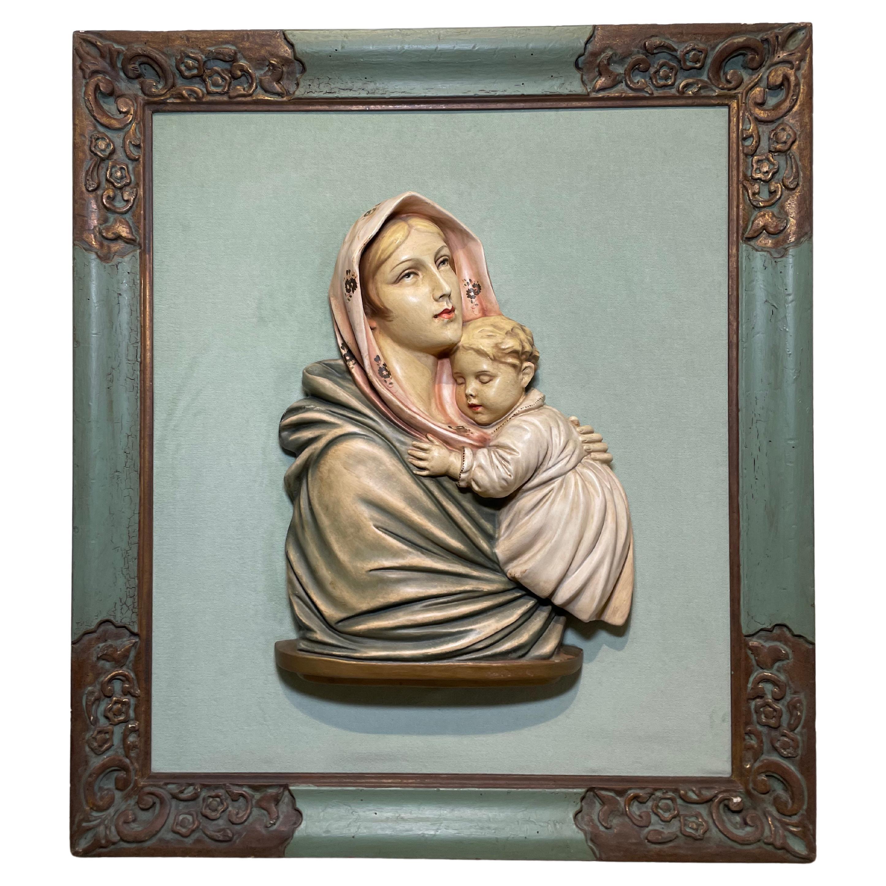 Virgin Mary and Baby Jesus Ceramic Sculpture/Relief Frame For Sale