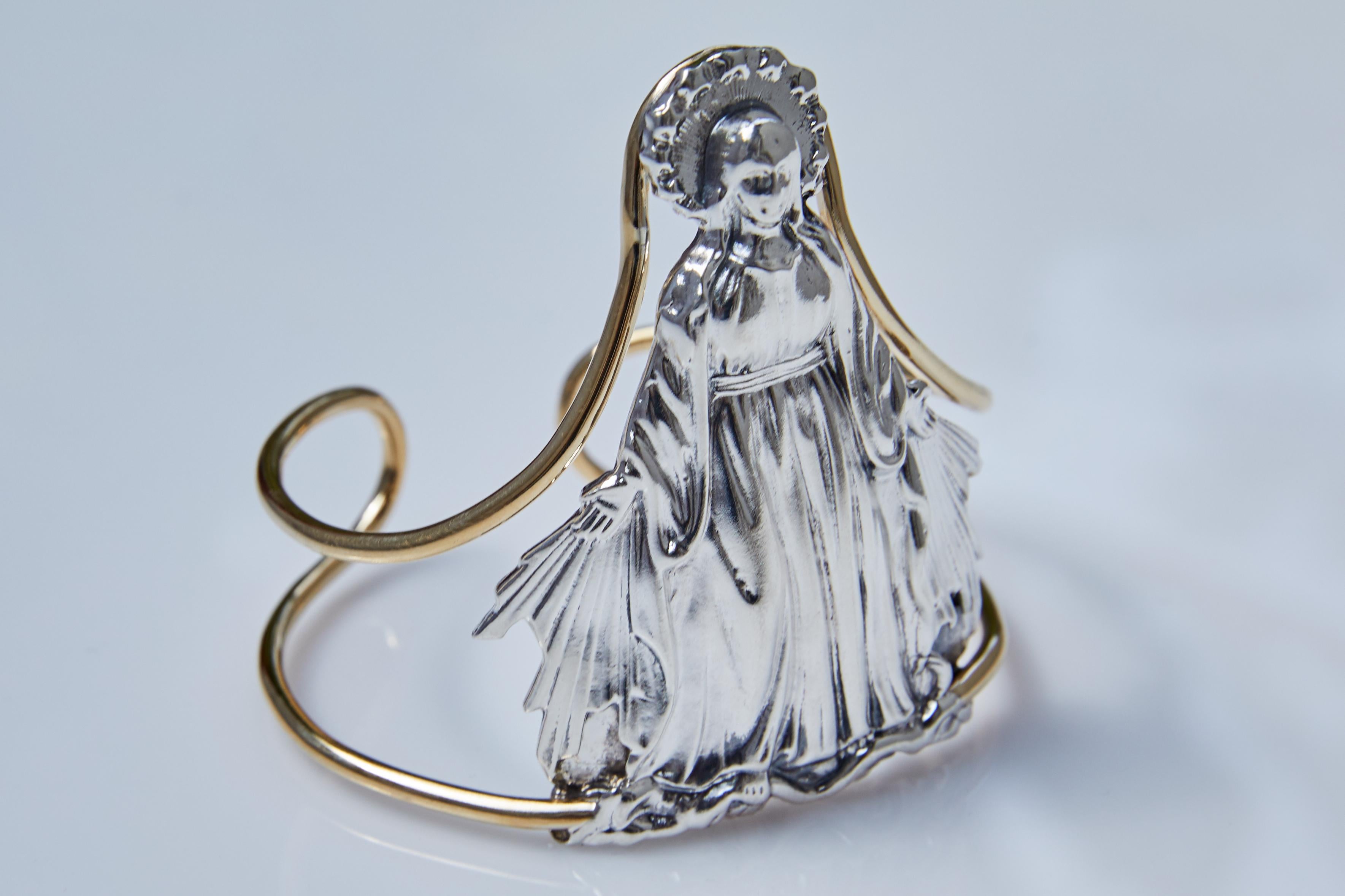 Round Cut Cuff Bangle Bracelet Virgin Mary Statement Silver Brass J Dauphin For Sale