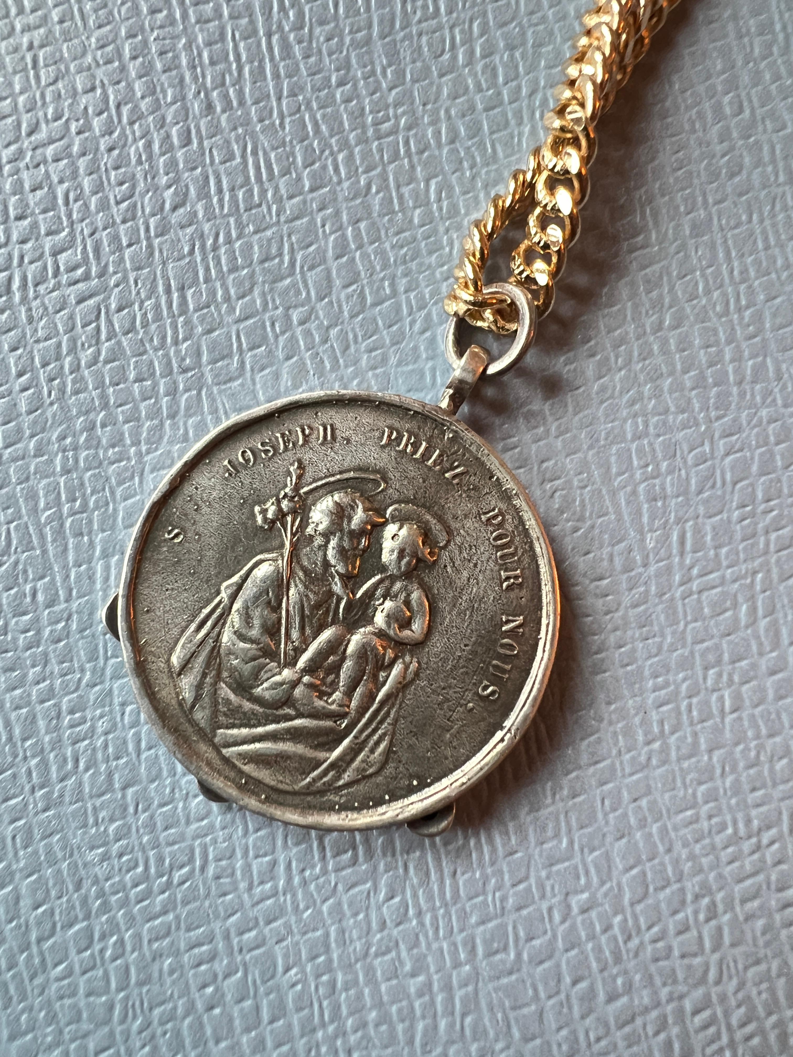 Brilliant Cut Virgin Mary Black Diamond Silver Medal Chain Necklace For Sale