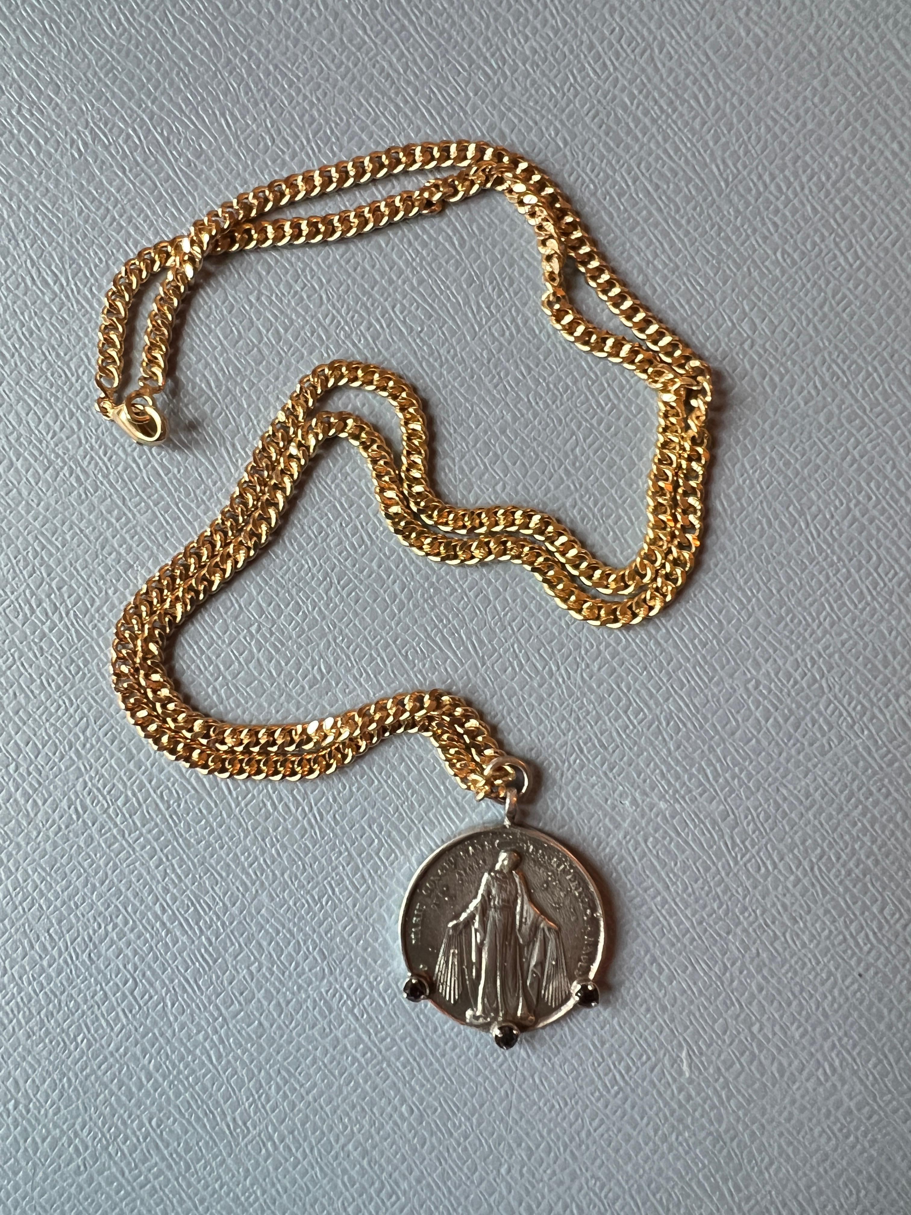 Women's Virgin Mary Black Diamond Silver Medal Chain Necklace For Sale