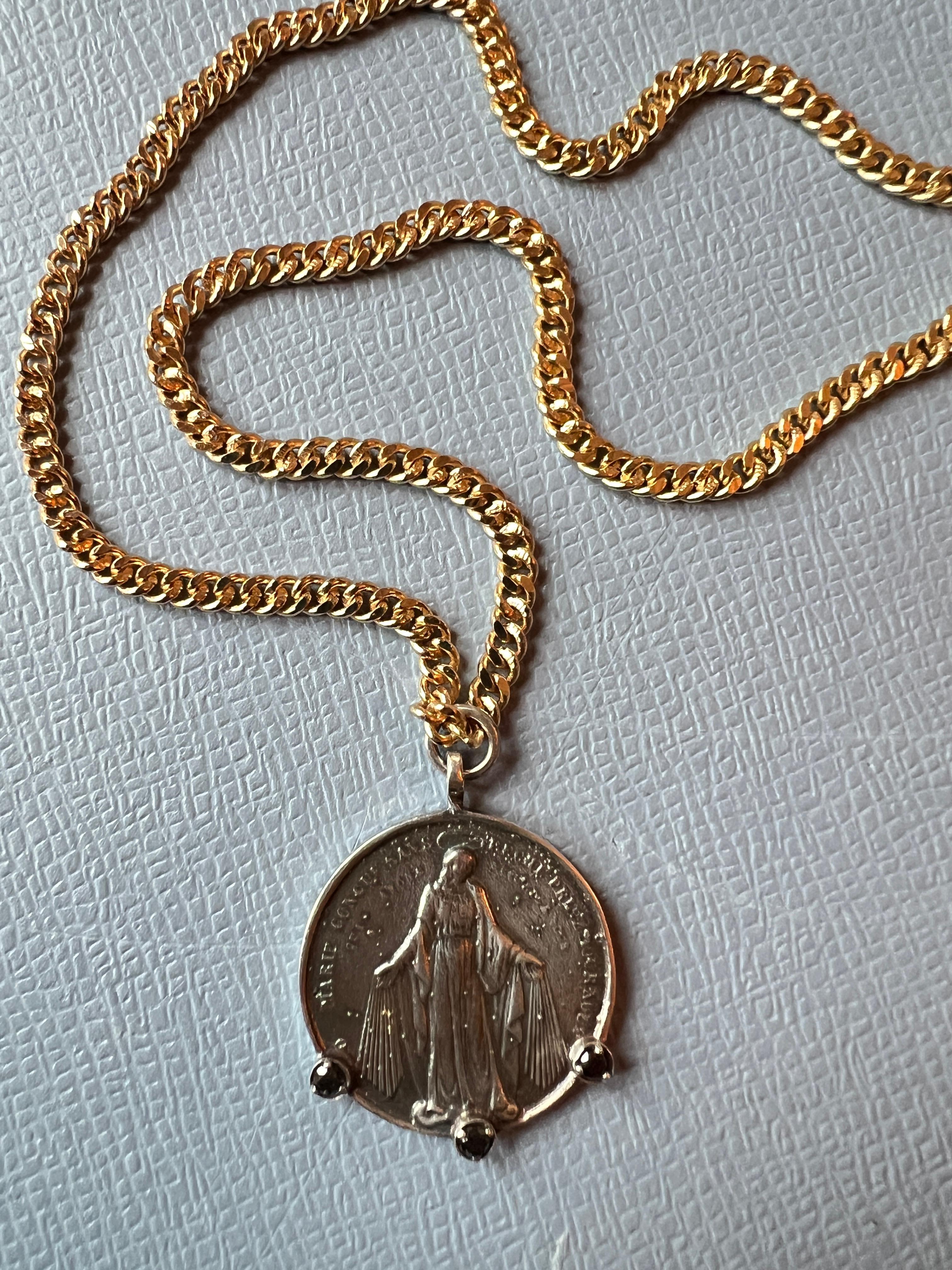 Virgin Mary Black Diamond Silver Medal Chain Necklace For Sale 2