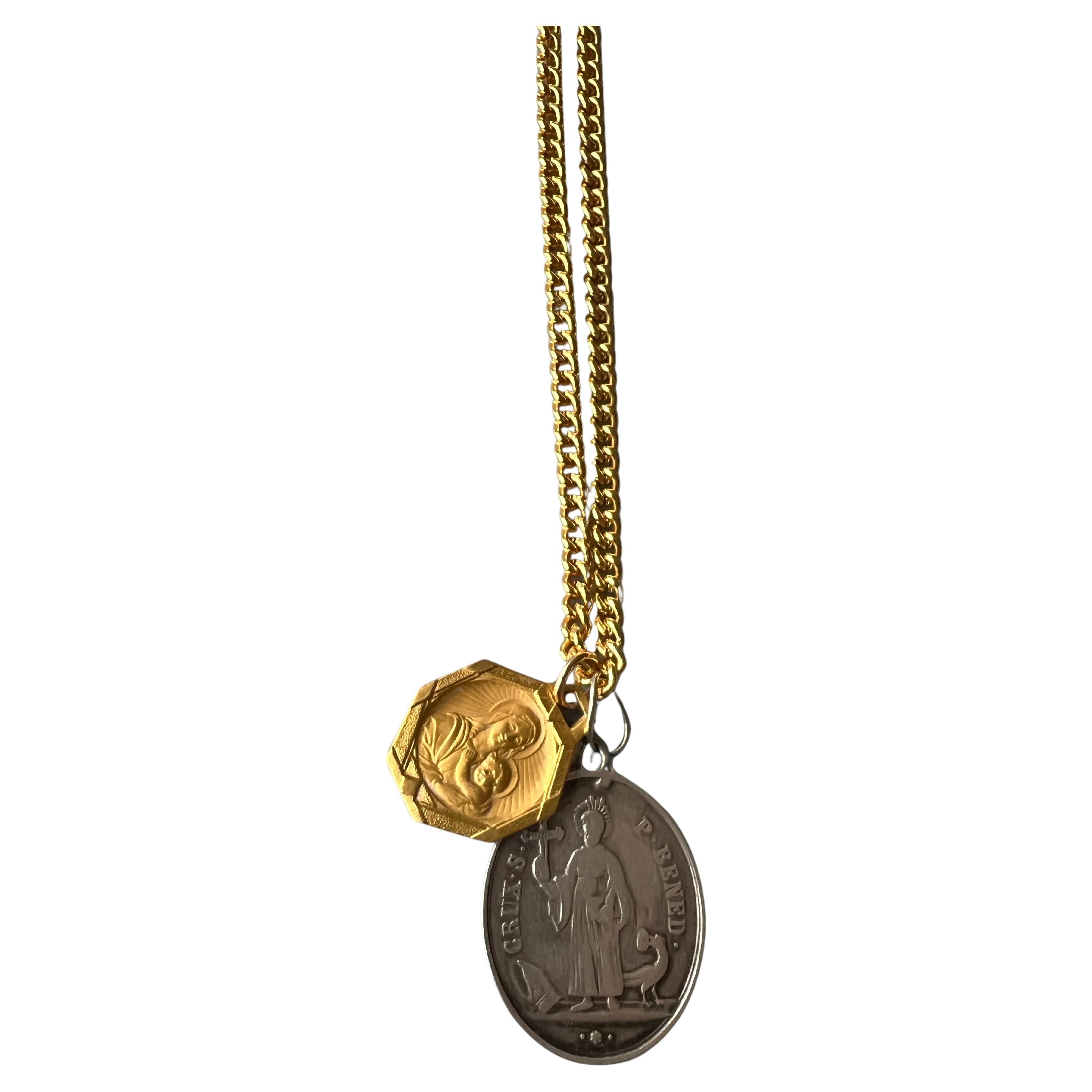 Vintage Silver Medal and a Gold Plated Medal hnaging on a 14 Karat Gold Plated Long Chain Necklace 

Length: ~28