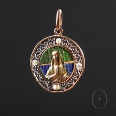 Virgin Mary Madonna Plique A Jour  Art Nouveau Pendant Charm  18 ct Yellow Gold