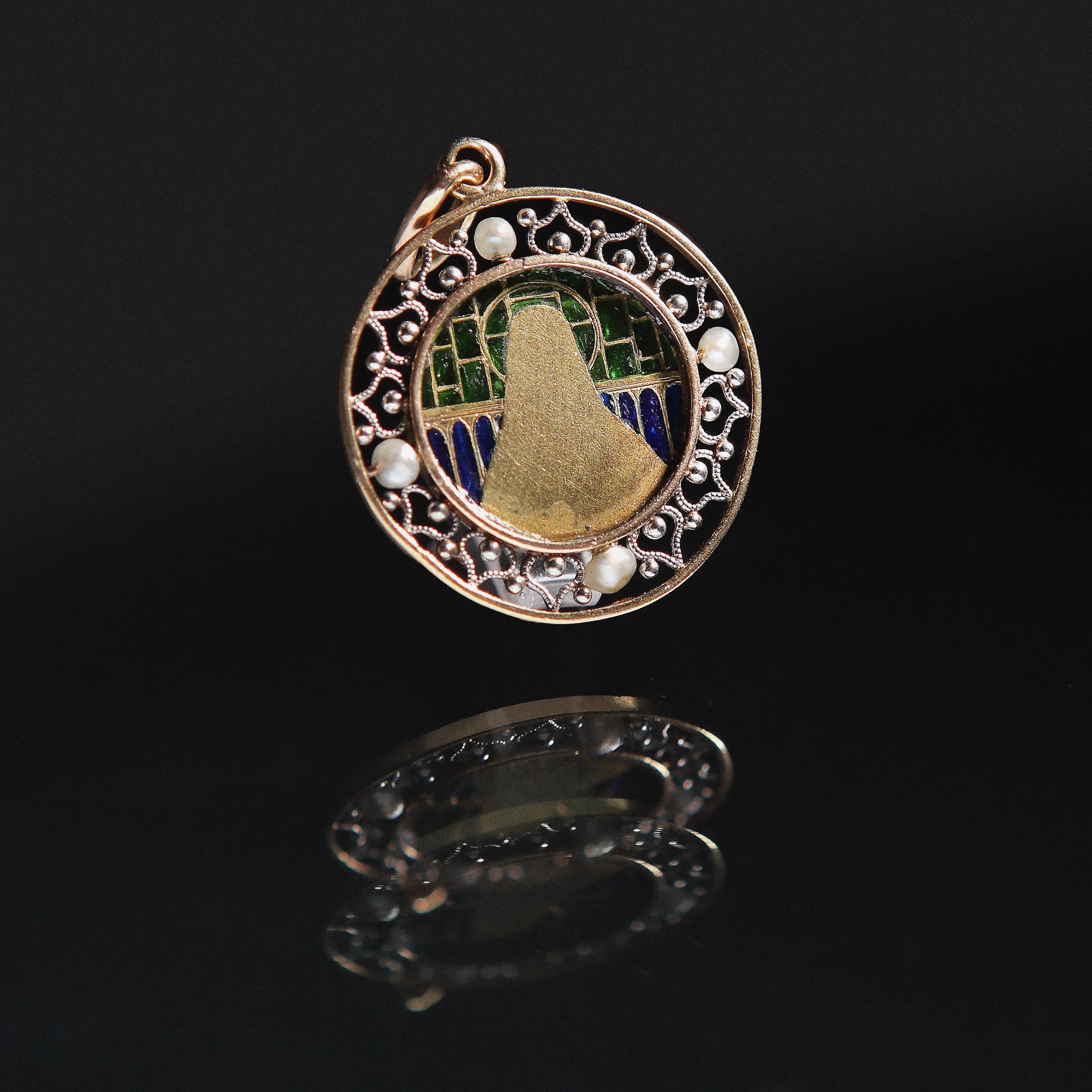 Ball Cut Virgin Mary Madonna Plique A Jour  Art Nouveau Pendant Charm  18 ct Yellow Gold