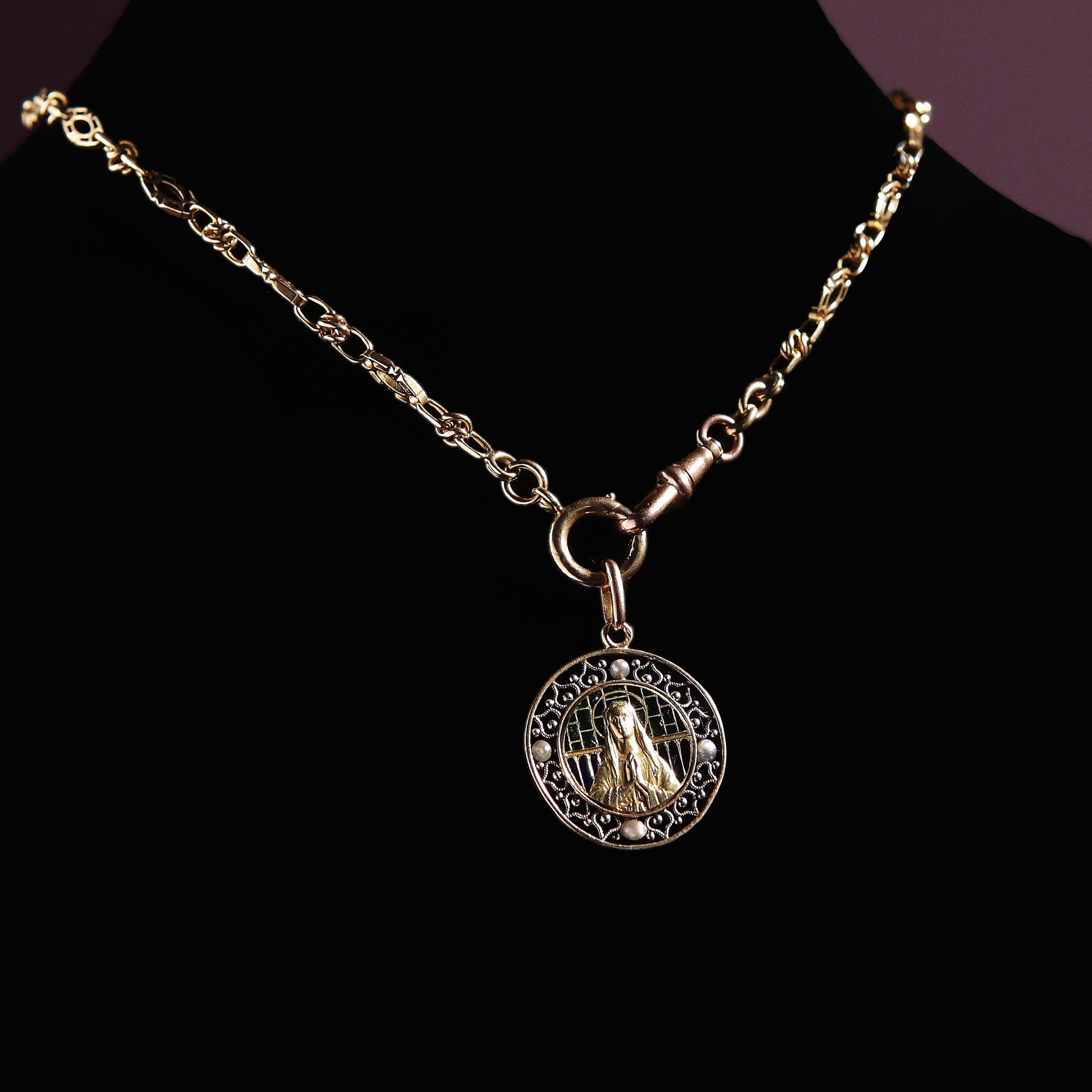 Women's or Men's Virgin Mary Madonna Plique A Jour  Art Nouveau Pendant Charm  18 ct Yellow Gold