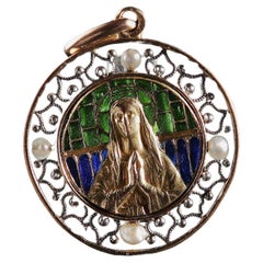 Antique Virgin Mary Madonna Plique A Jour  Art Nouveau Pendant Charm  18 ct Yellow Gold 