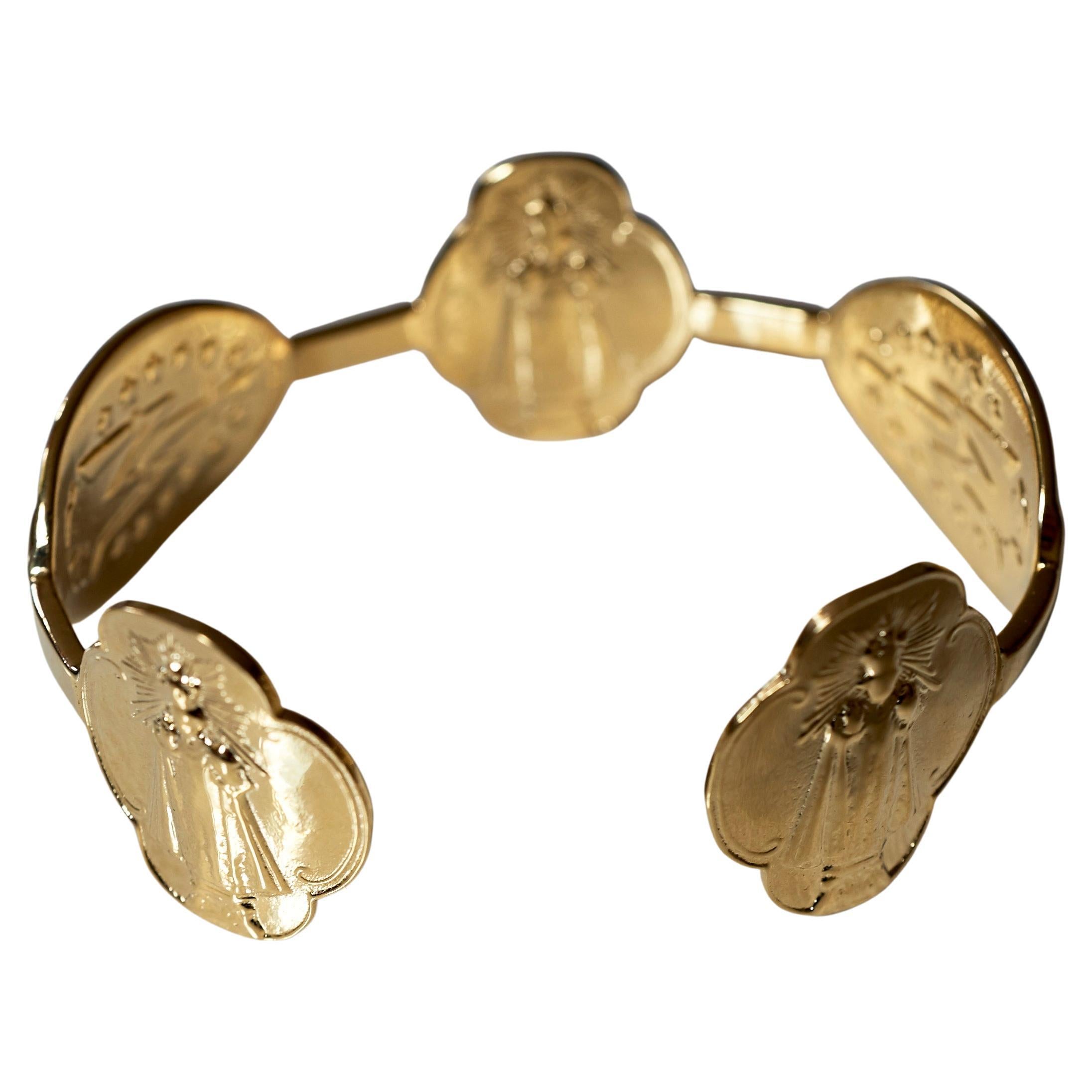 Brilliant Cut Virgin Mary Medal Bracelet Bangle Cuff Gold Vermeil Ruby J Dauphin For Sale