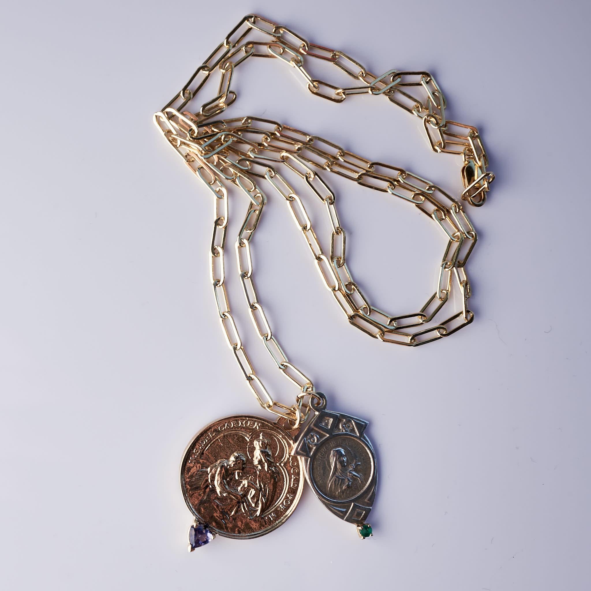 Brilliant Cut Medal Necklace Chain Virgin Mary Heart Tanzanite Emerald Silver Bronze J Dauphin For Sale