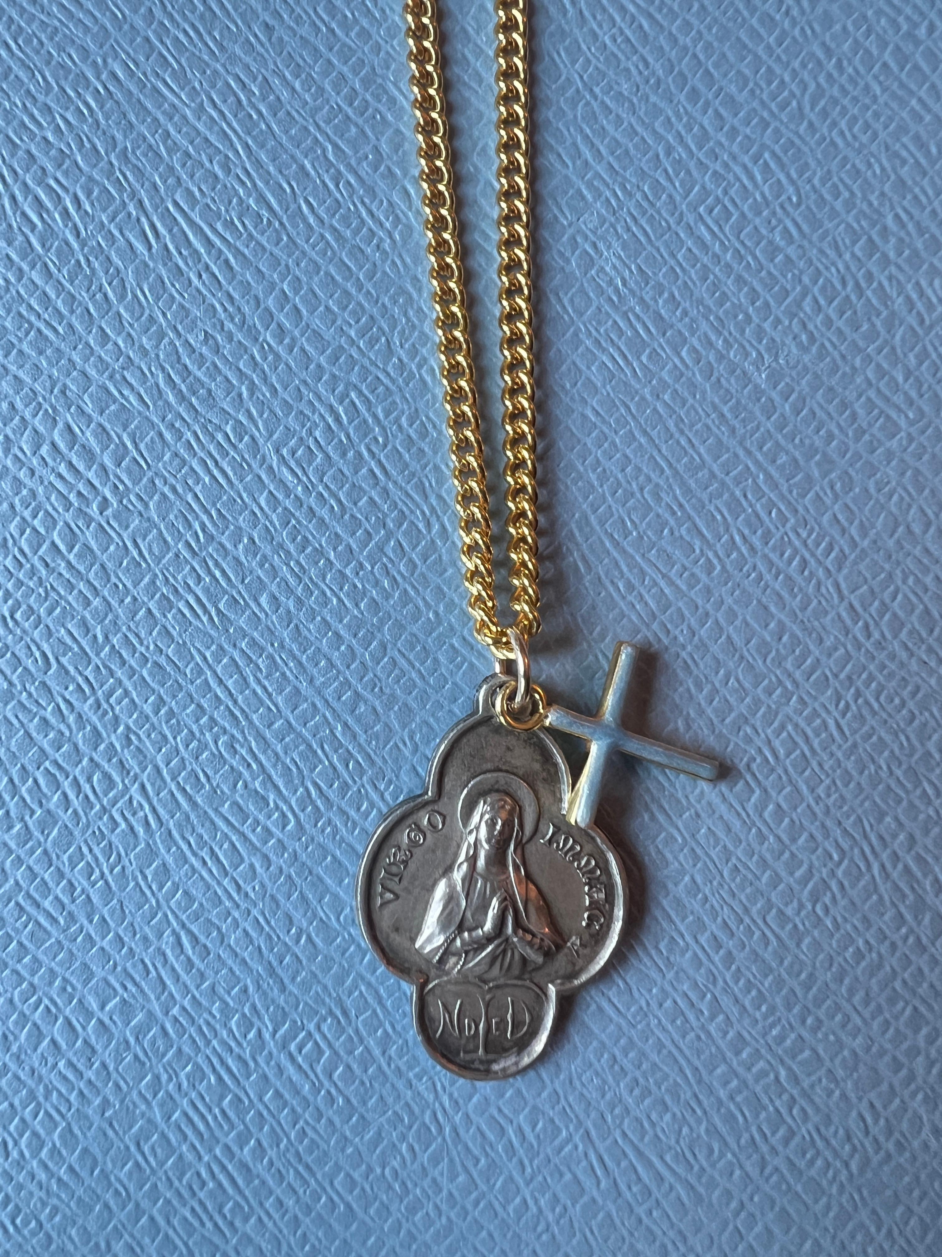 Contemporary Virgin Mary Medal Chain Necklace Virgo Souvenir Lourdes Cross