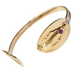 Virgin Mary Medal Cuff Bracelet Pink Tourmaline Opal Gold Plated