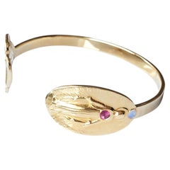 Virgin Mary Medal Cuff Bracelet Pink Tourmaline Opal Gold Plated