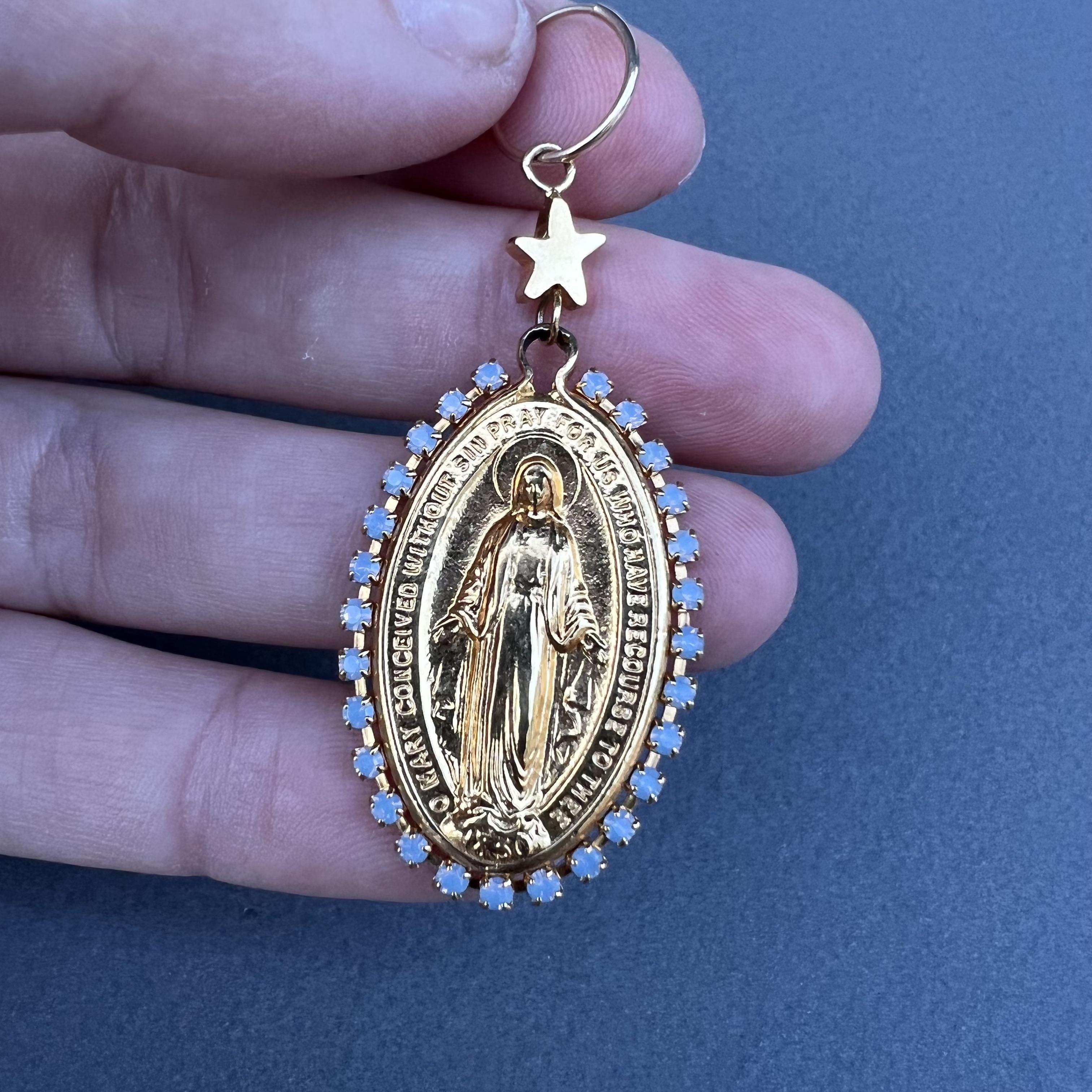 Contemporary Virgin Mary Medal Earrings Rhinestone Light Blue J Dauphin For Sale