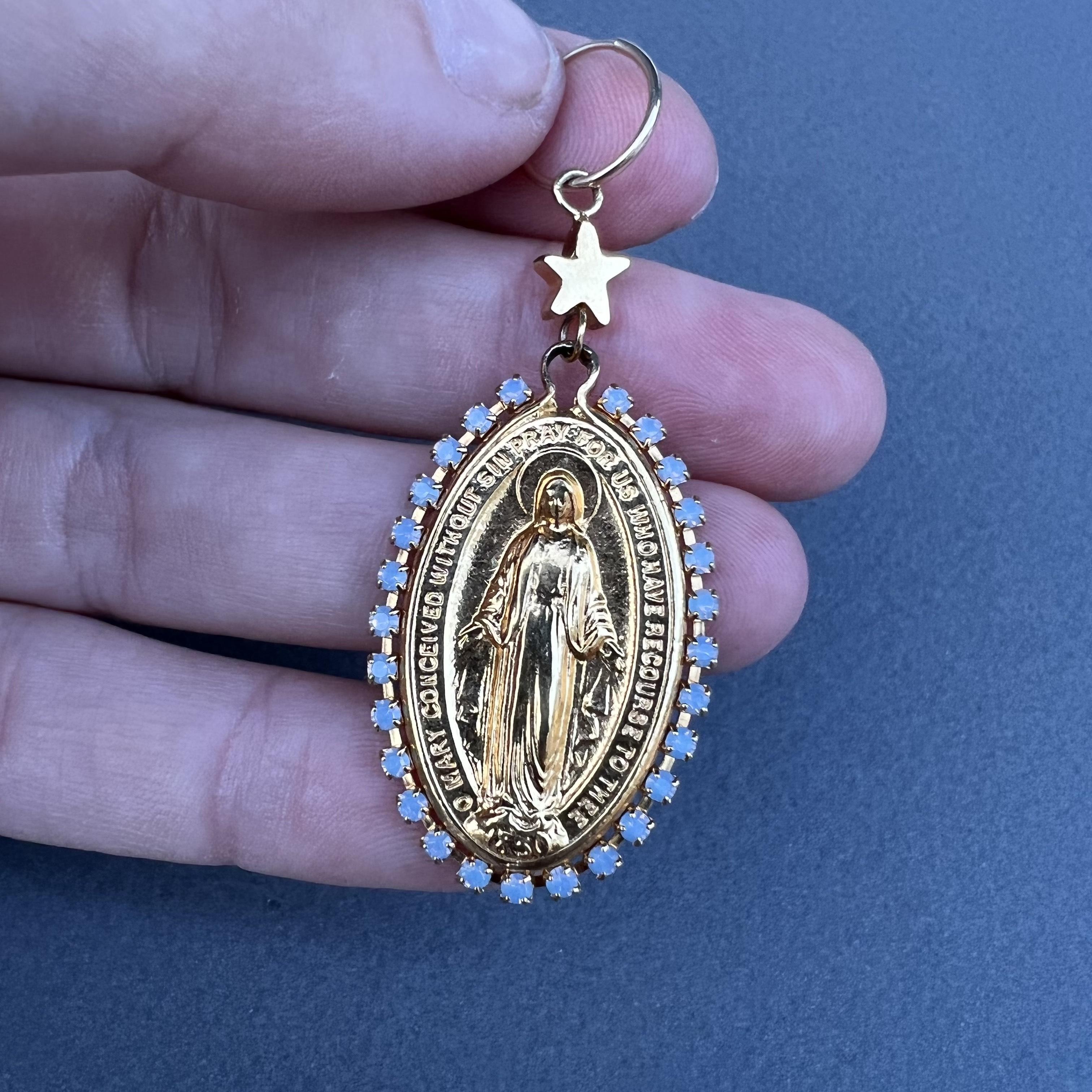 Virgin Mary Medal Earrings Rhinestone Light Blue J Dauphin In New Condition For Sale In Los Angeles, CA