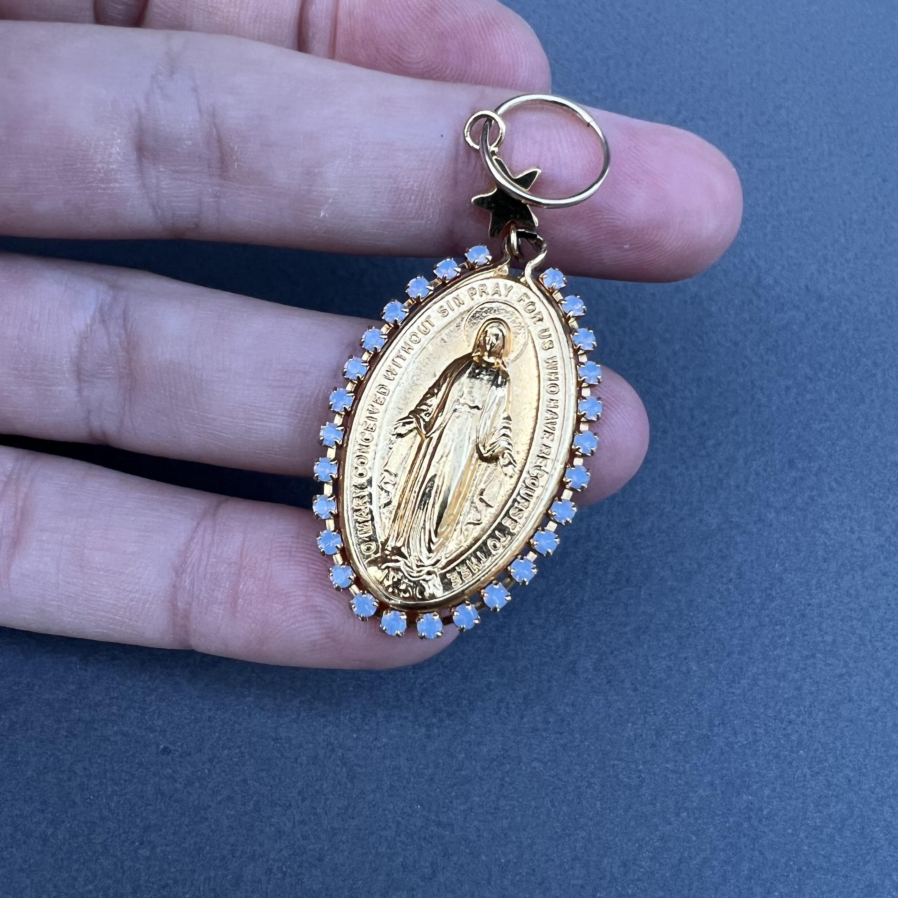 Virgin Mary Medal Earrings Rhinestone Light Blue J Dauphin For Sale 1