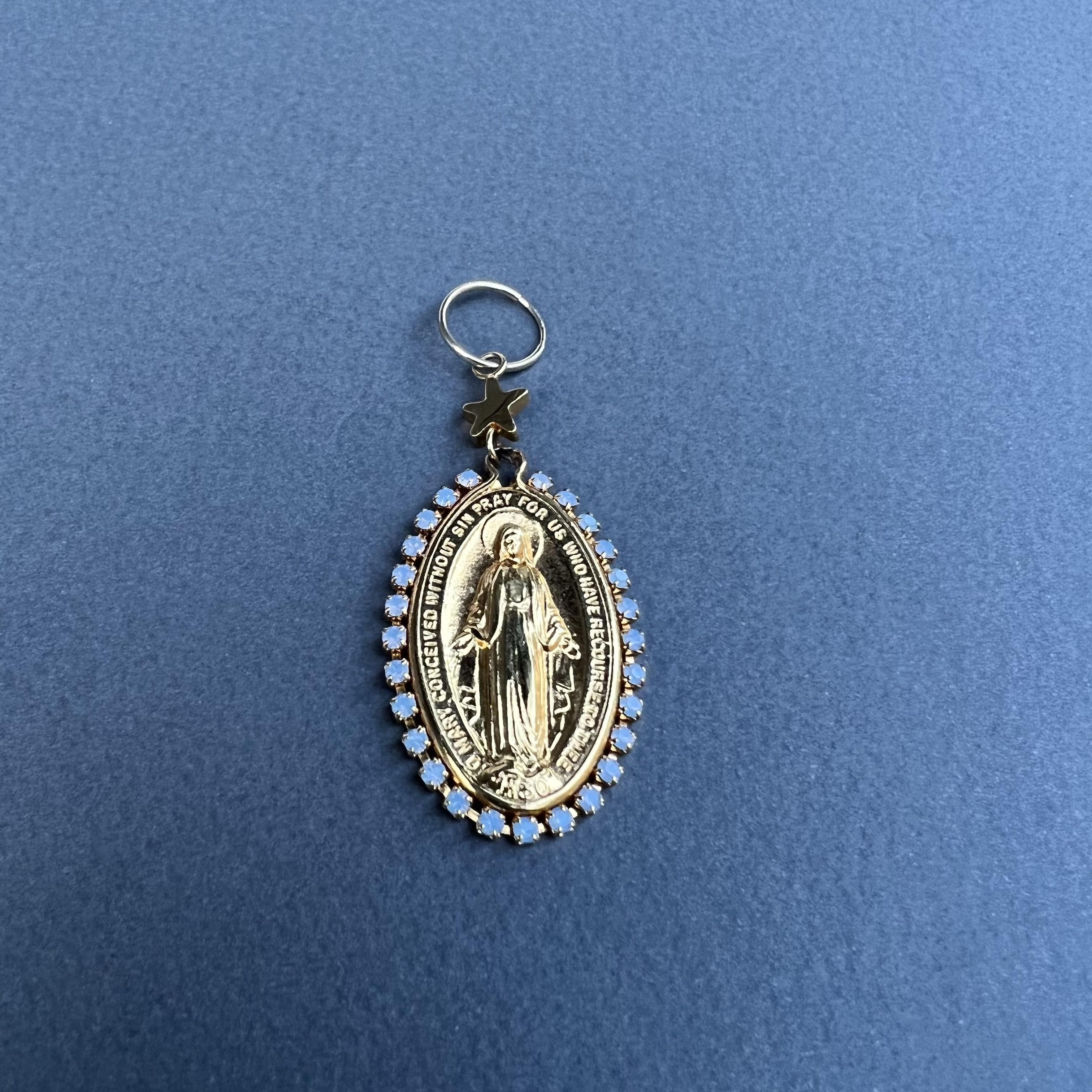 Virgin Mary Medal Earrings Rhinestone Light Blue J Dauphin For Sale 4
