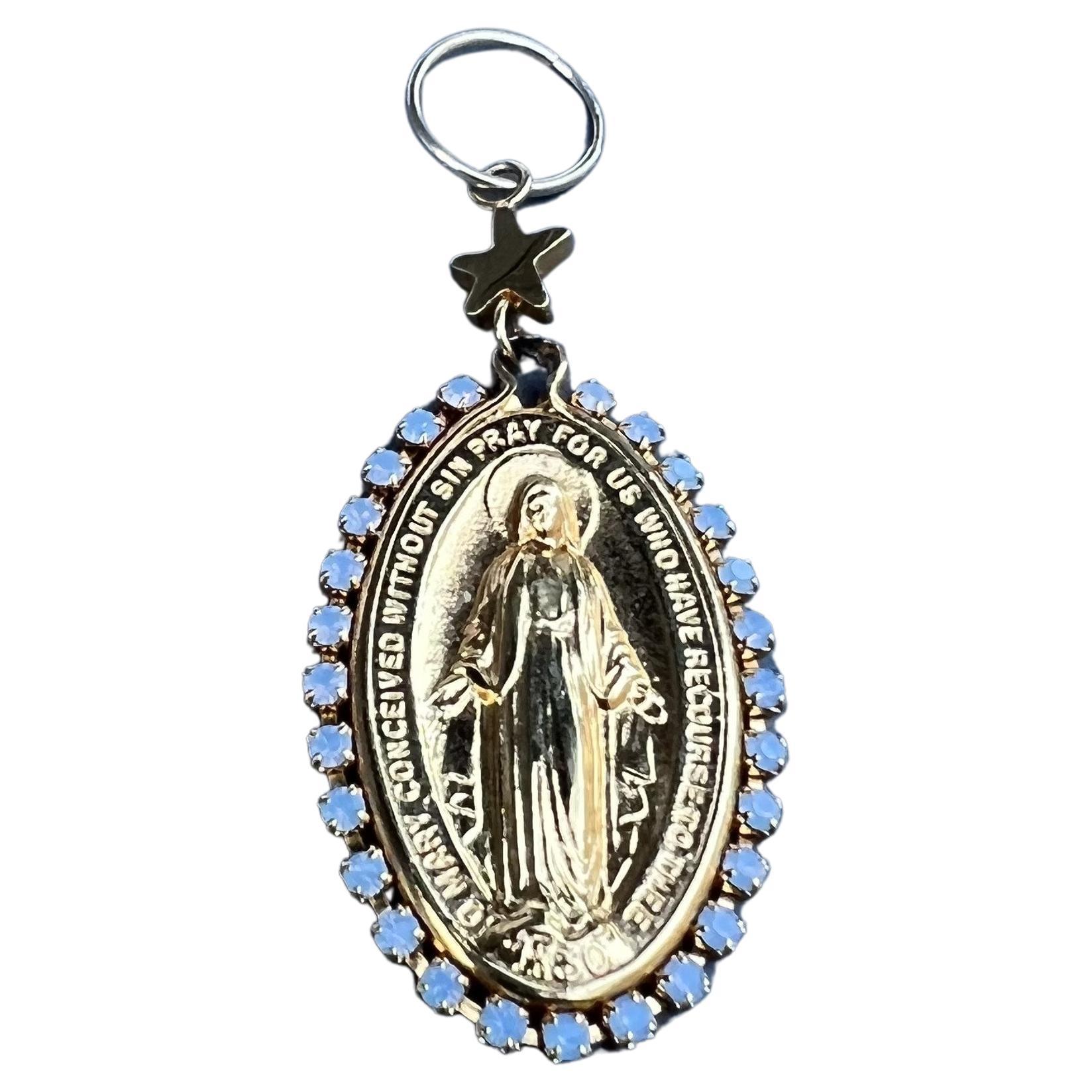 Virgin Mary Medal Earrings Rhinestone Light Blue J Dauphin For Sale