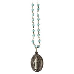Virgin Mary Medal Necklace Rosario Blue Peruvian Chalcedony