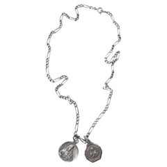 Virgin Mary Medal Necklace Sacred Heart Jesus Vintage Figaro Silver