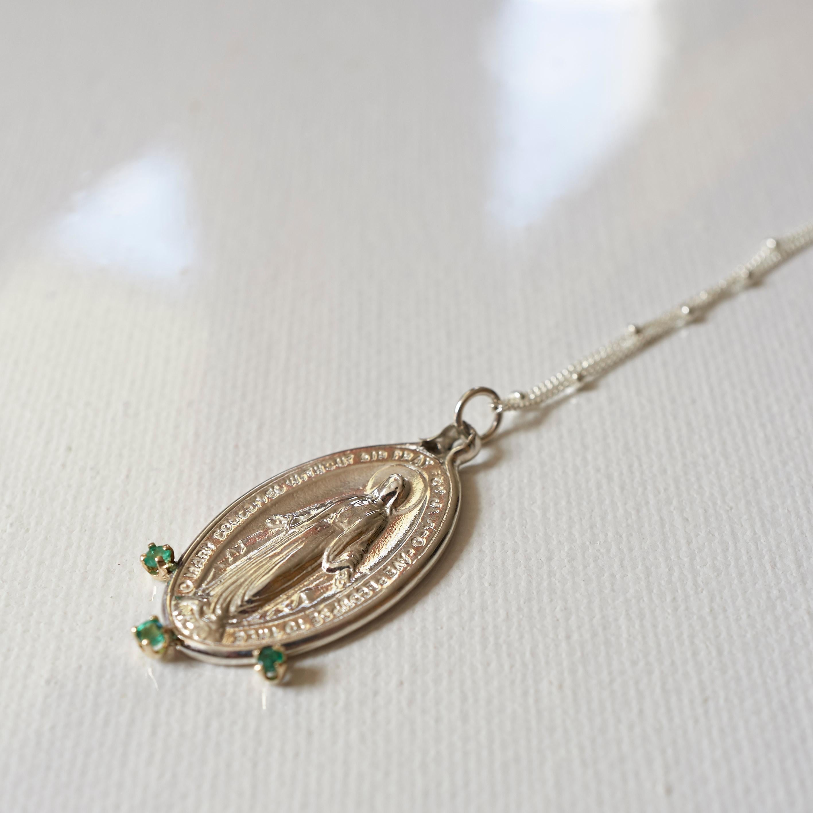 Brilliant Cut Virgin Mary Medal Oval Pendant Emeralds Silver Chain Necklace J Dauphin For Sale