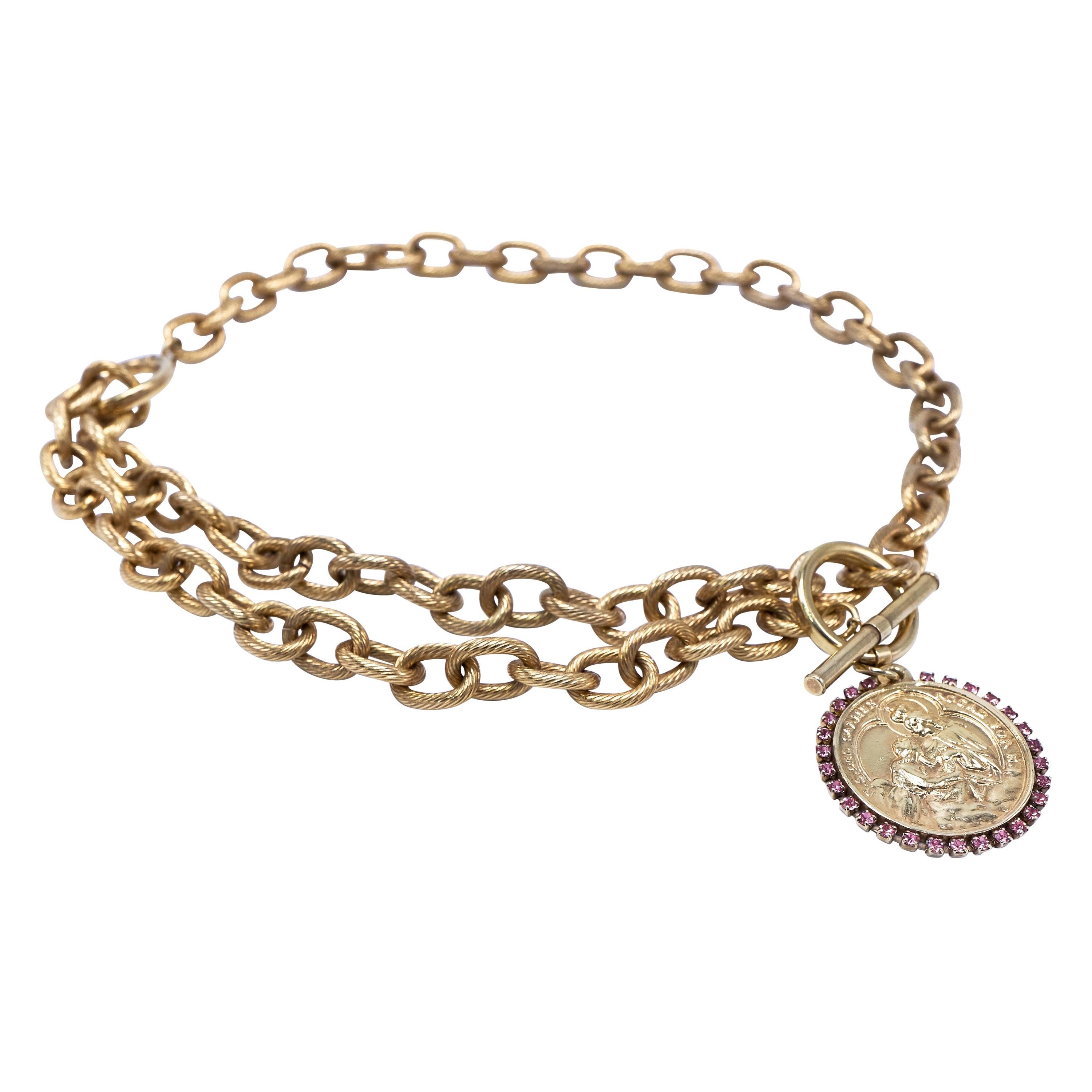 Virgin Mary Medal Pink Rhinestone Choker Chain Necklace J Dauphin
