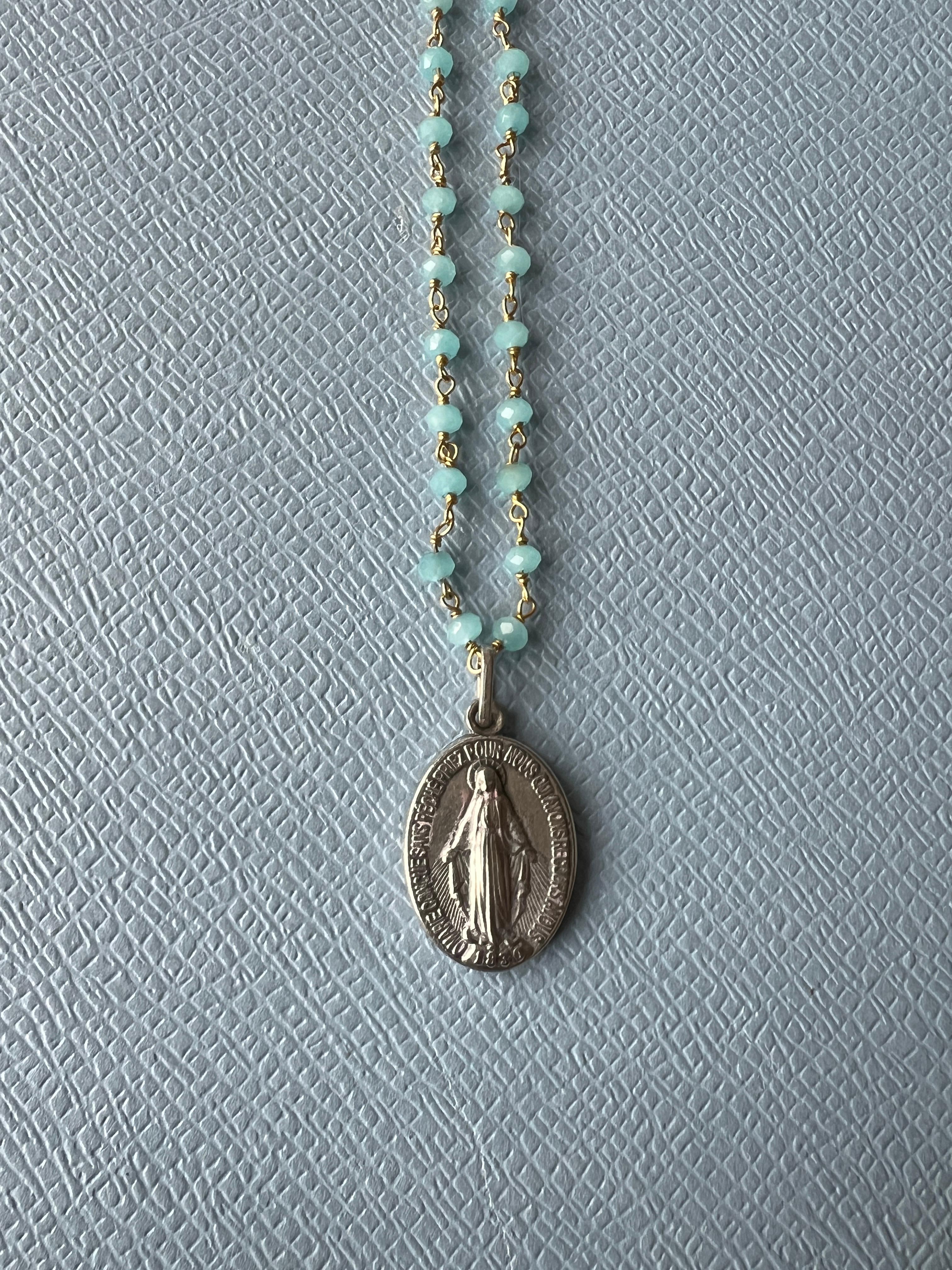Virgin Mary Medal Rosario Necklace Blue Peruvian Chalcedony Beads 5