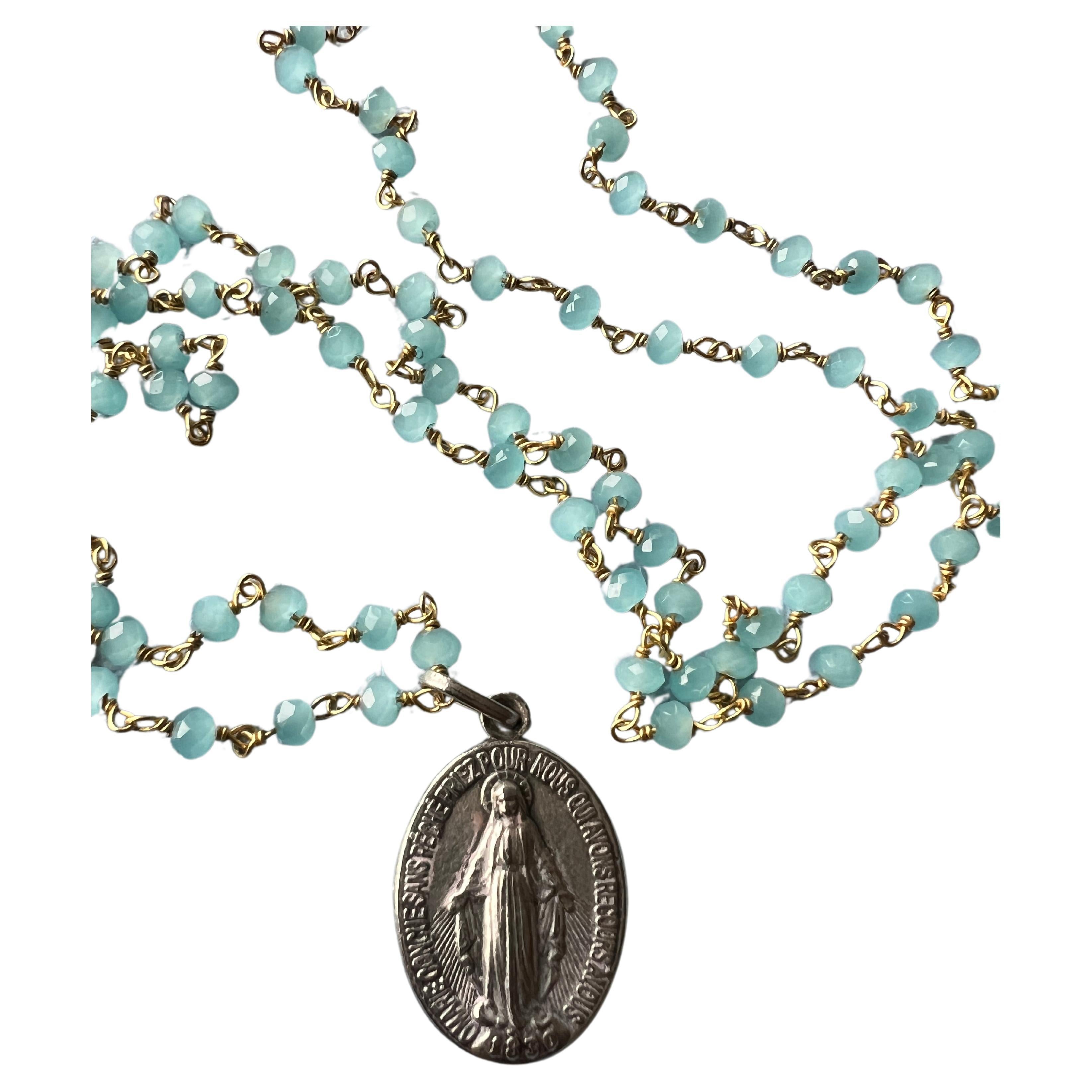 Virgin Mary Medal Rosario Necklace Blue Peruvian Chalcedony Beads

Length: 25