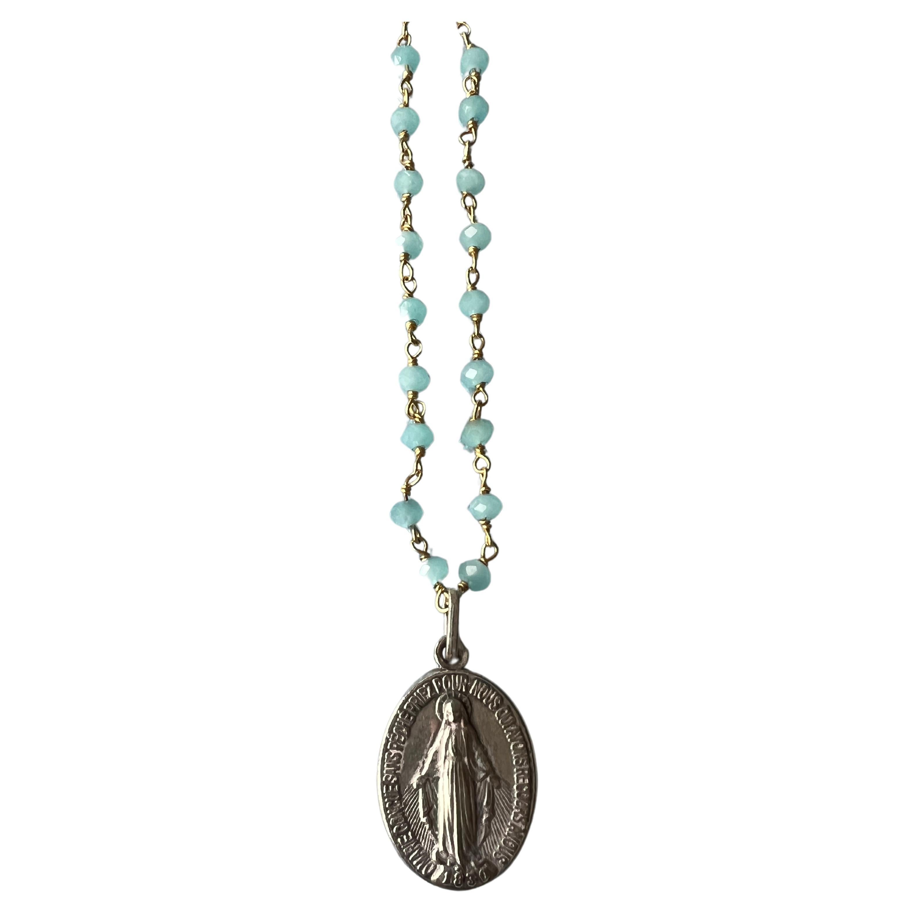 Women's Virgin Mary Medal Rosario Necklace Blue Peruvian Chalcedony Beads