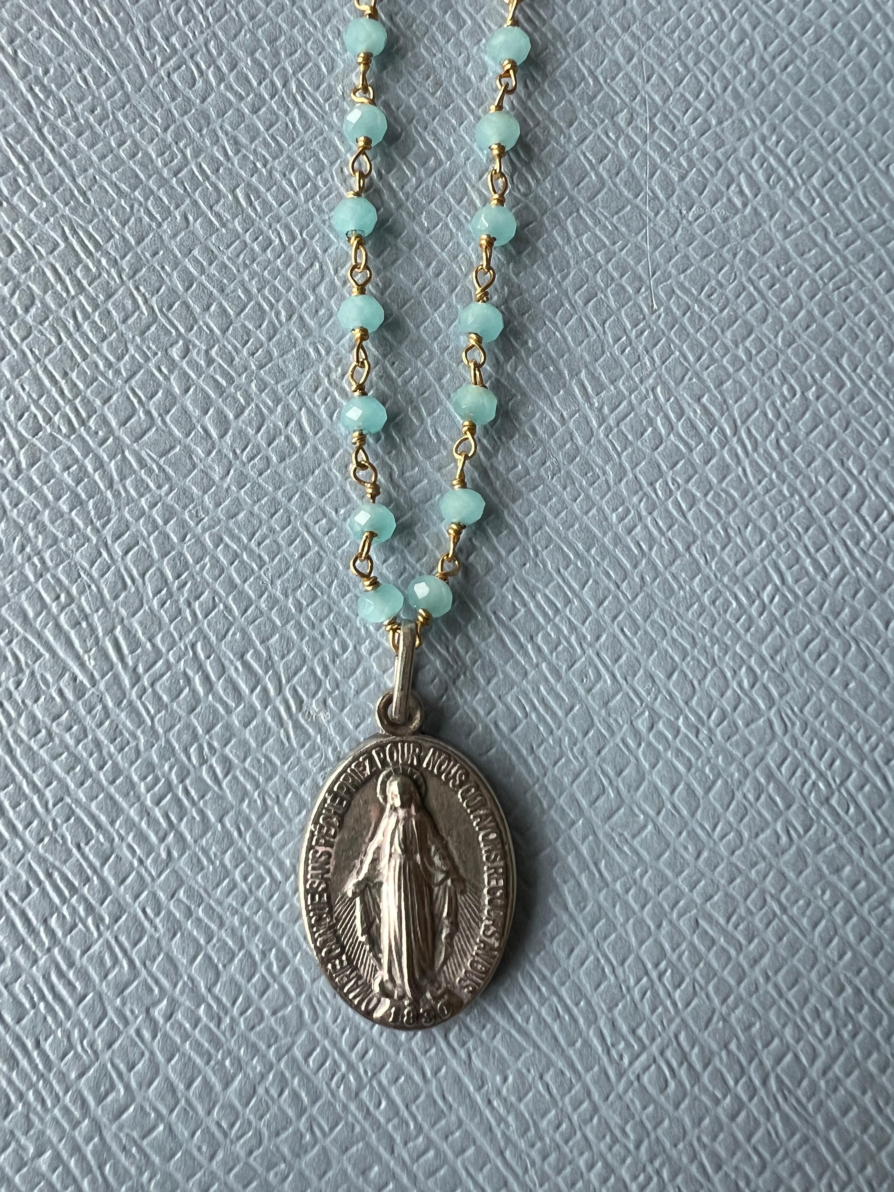 Virgin Mary Medal Rosario Necklace Blue Peruvian Chalcedony Beads 2