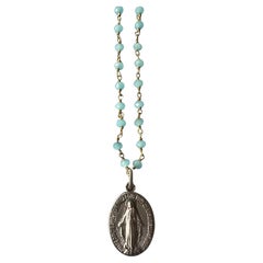 Virgin Mary Medal Rosario Necklace Blue Peruvian Chalcedony Beads