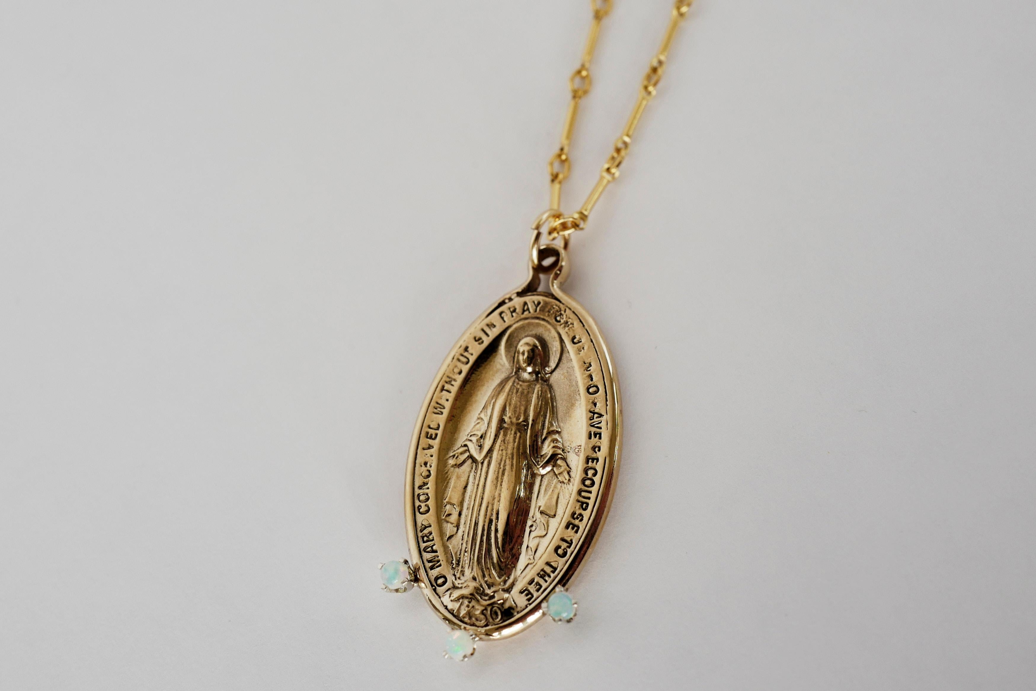 Victorian Virgin Mary Miraculous Medal Coin Pendant Opal Bronze Chain Necklace J Dauphin For Sale