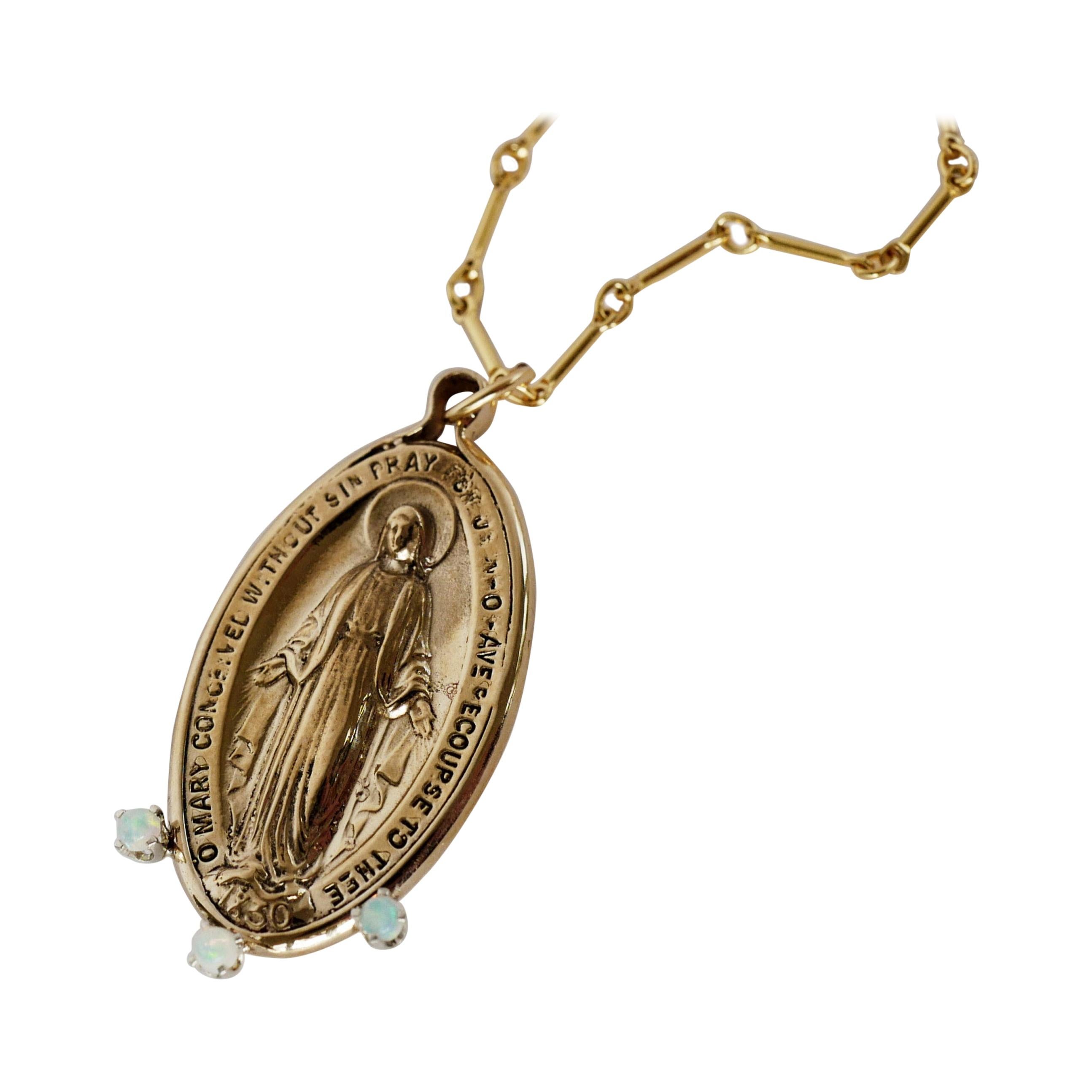 Virgin Mary Miraculous Medal Coin Pendant Opal Bronze Chain Necklace J Dauphin