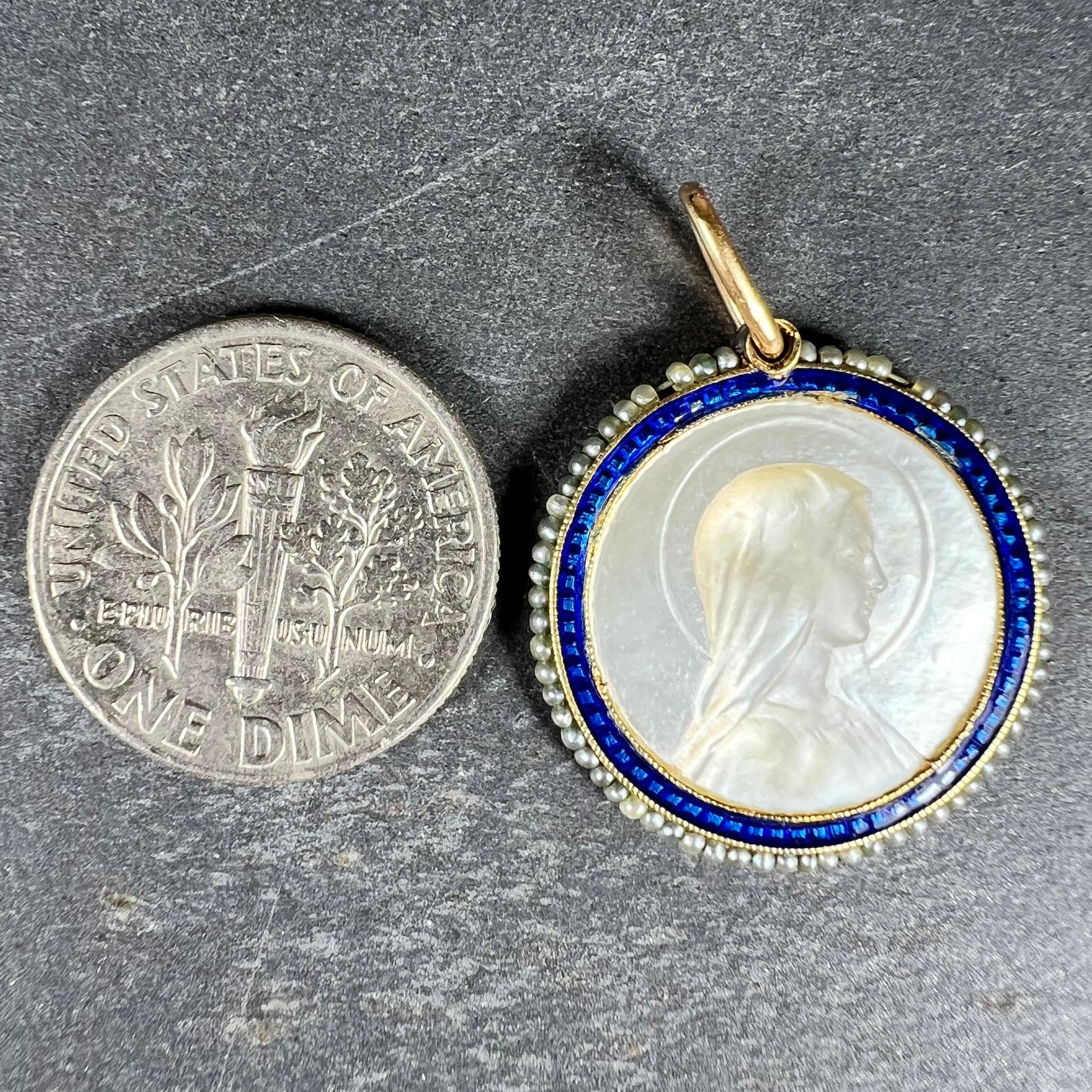 Virgin Mary Mother of Pearl Enamel 18K Yellow Gold Pearl Medal Pendant For Sale 5