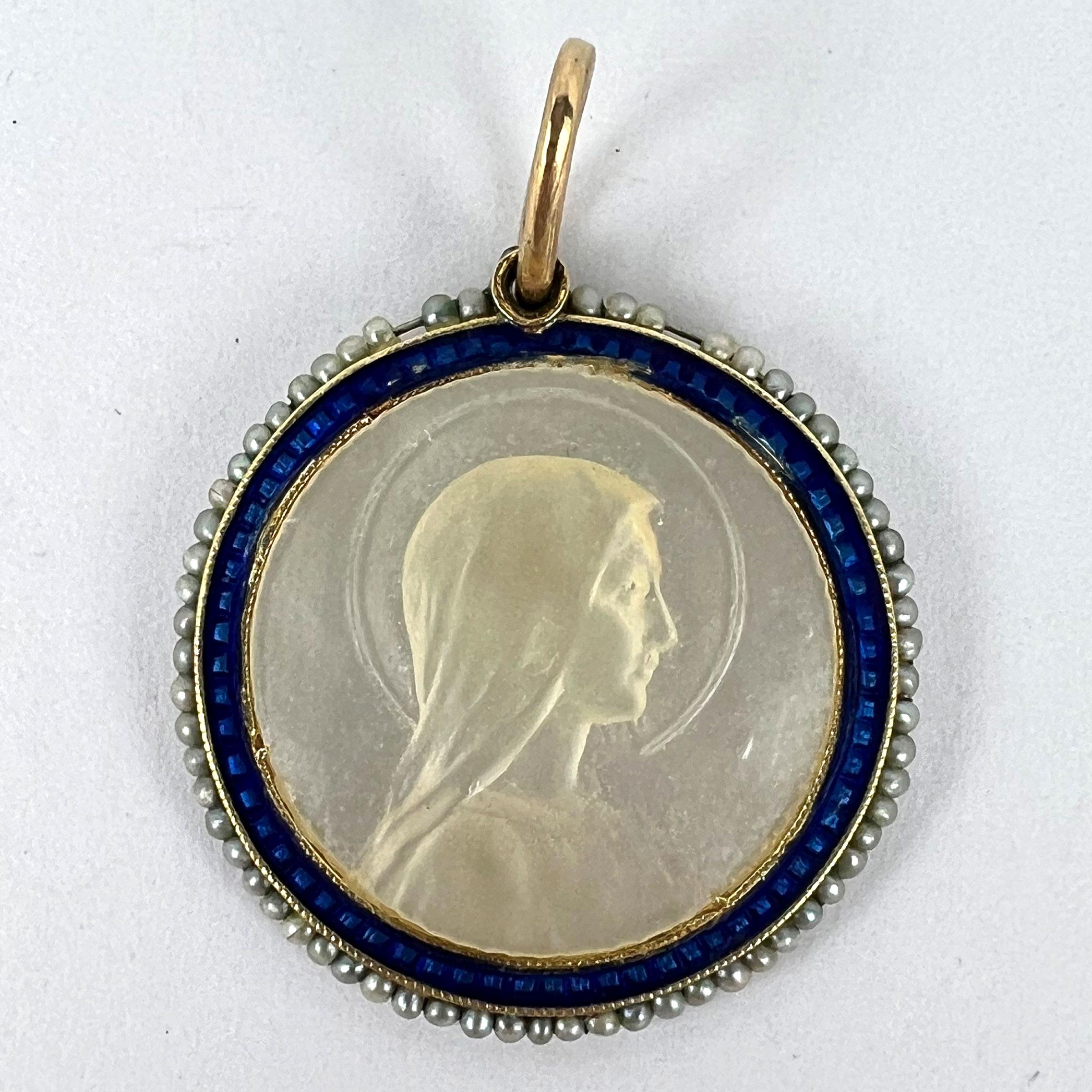 Virgin Mary Mother of Pearl Enamel 18K Yellow Gold Pearl Medal Pendant For Sale 6