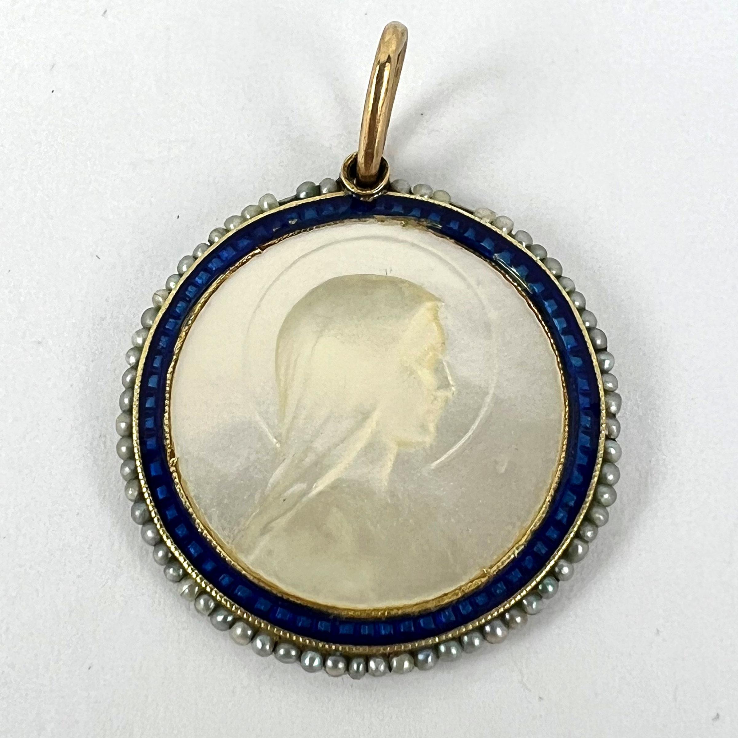 Virgin Mary Mother of Pearl Enamel 18K Yellow Gold Pearl Medal Pendant For Sale 7
