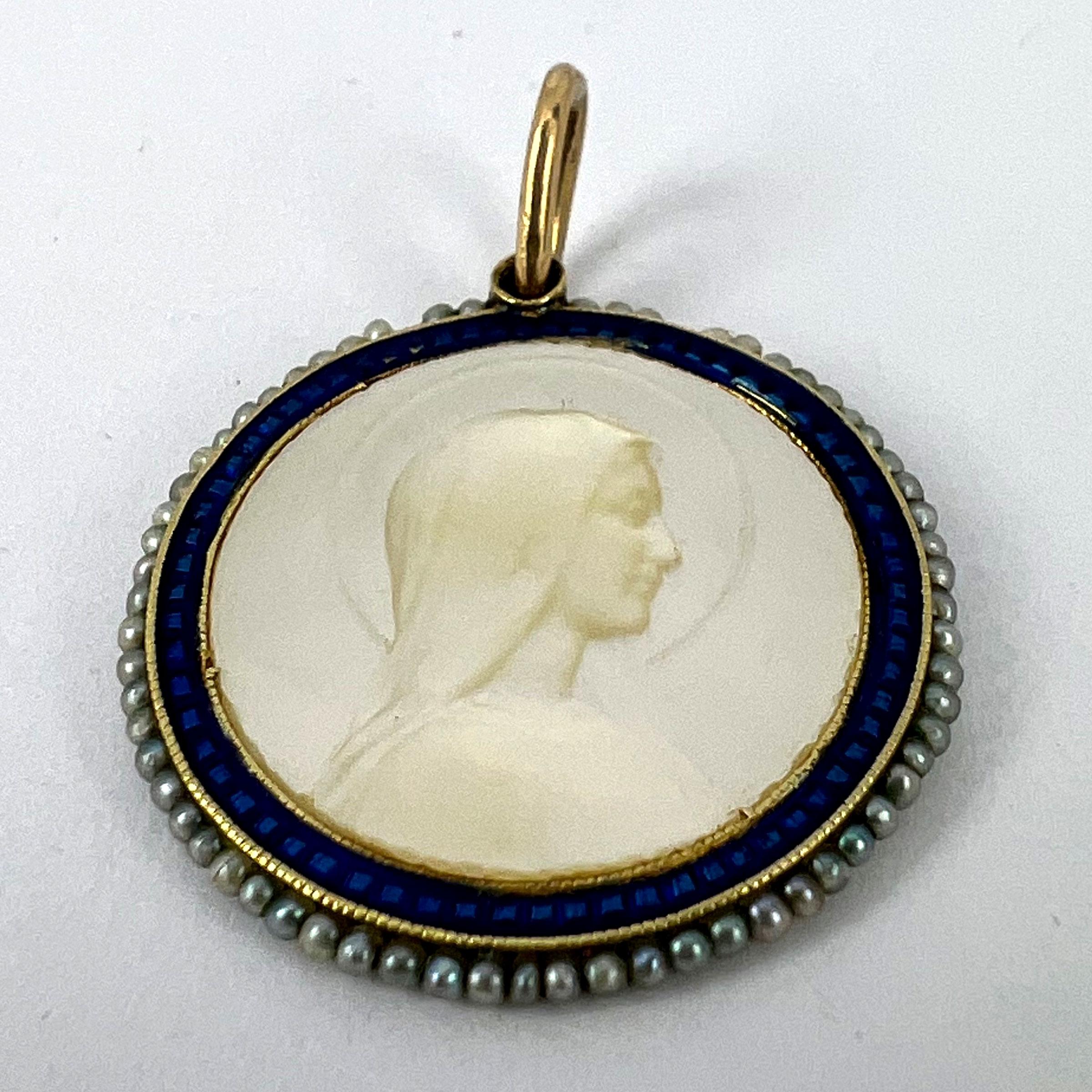 Virgin Mary Mother of Pearl Enamel 18K Yellow Gold Pearl Medal Pendant For Sale 8