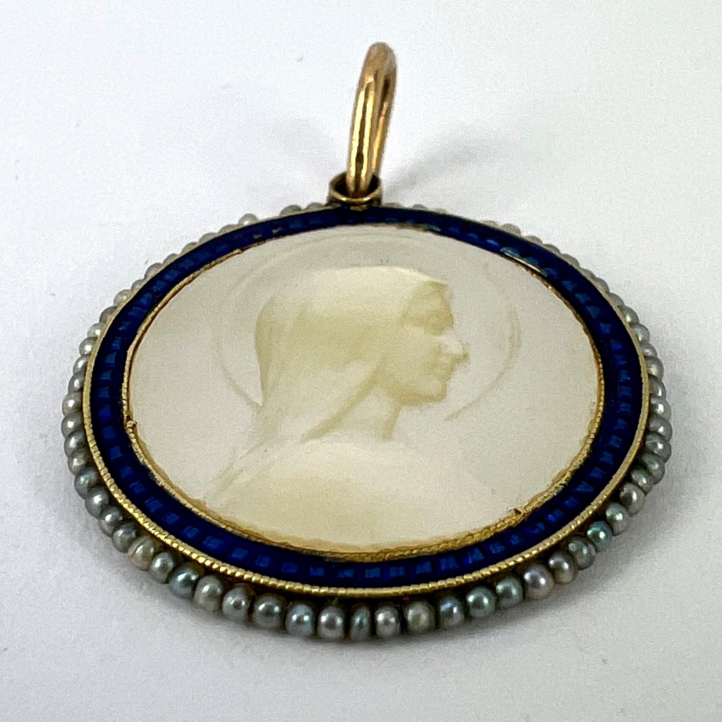 Virgin Mary Mother of Pearl Enamel 18K Yellow Gold Pearl Medal Pendant For Sale 9