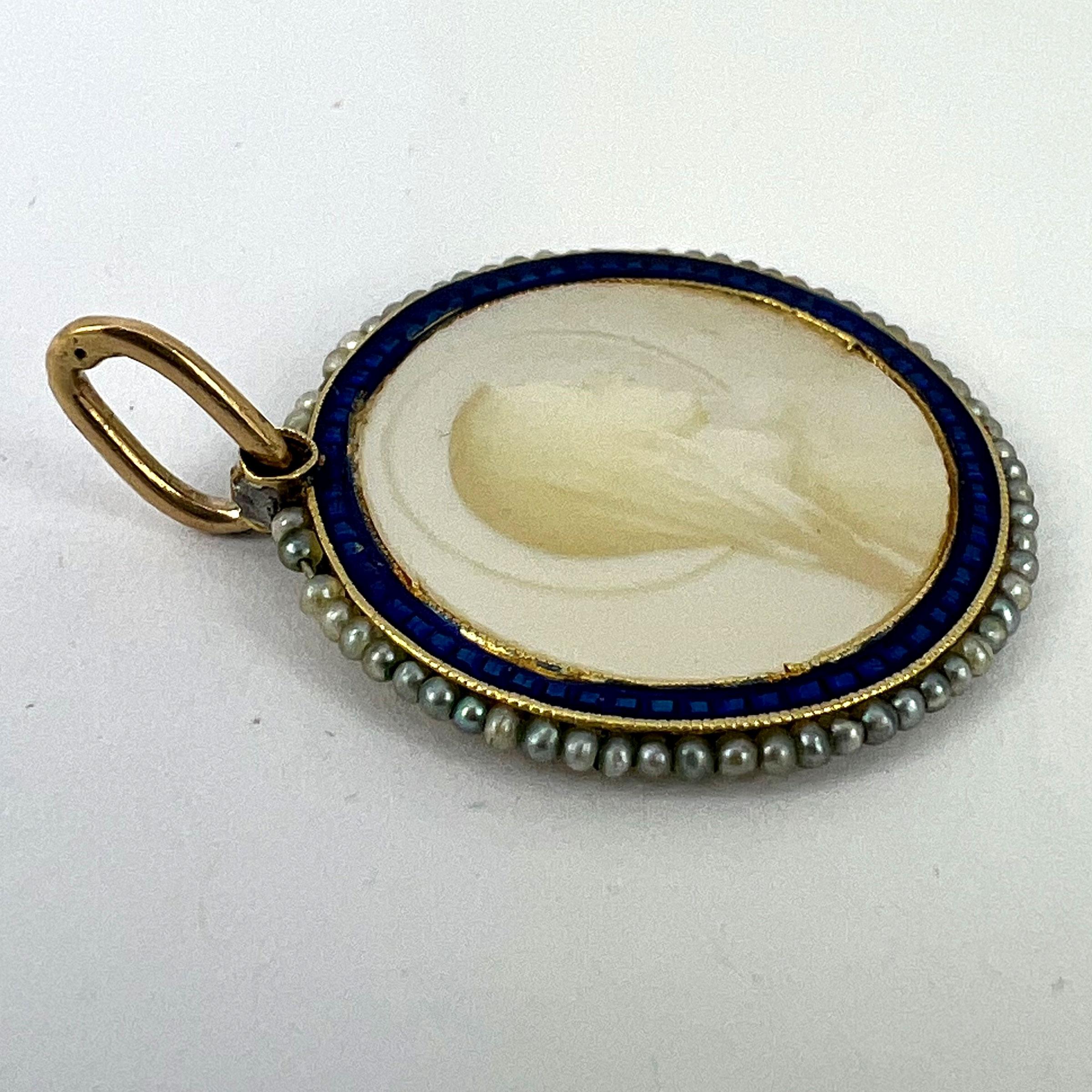 Virgin Mary Mother of Pearl Enamel 18K Yellow Gold Pearl Medal Pendant For Sale 10