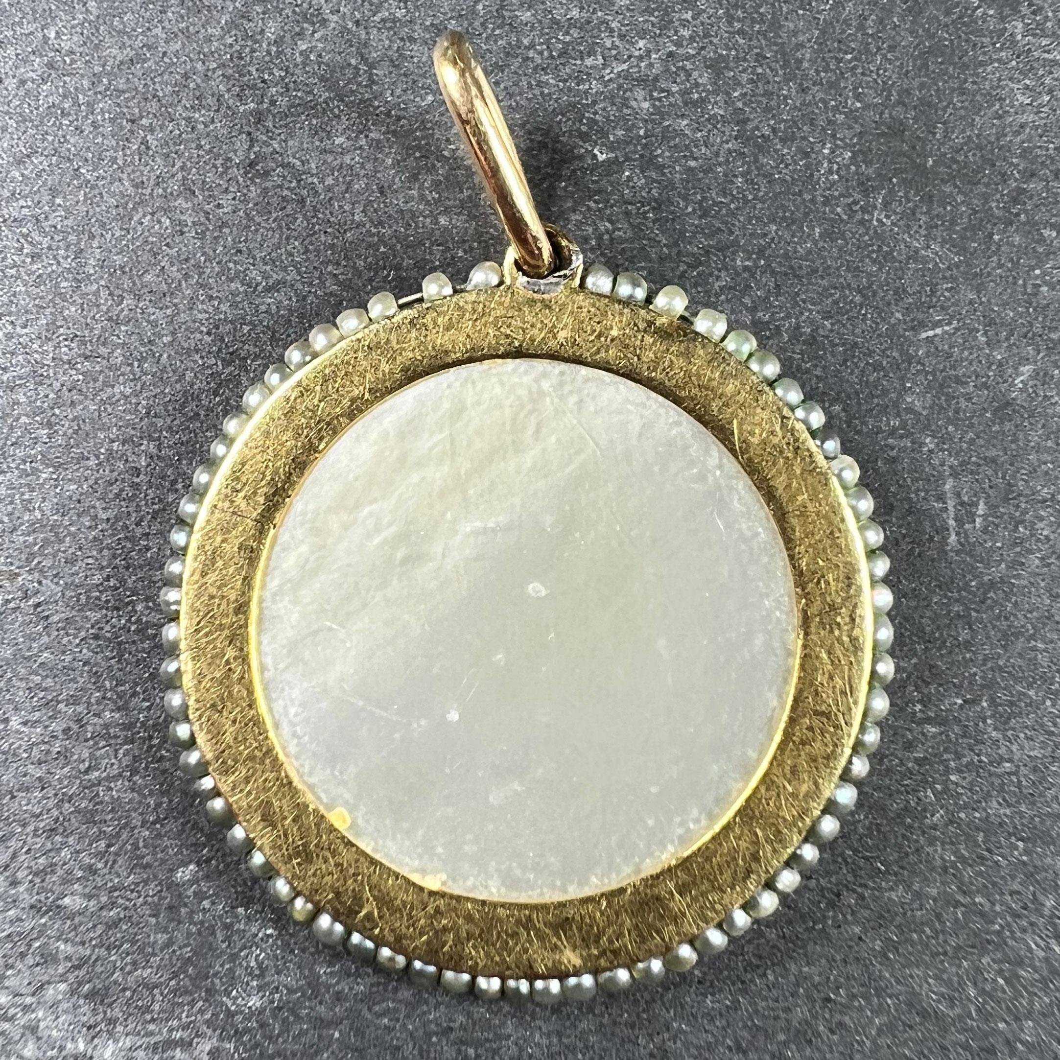 Uncut Virgin Mary Mother of Pearl Enamel 18K Yellow Gold Pearl Medal Pendant For Sale