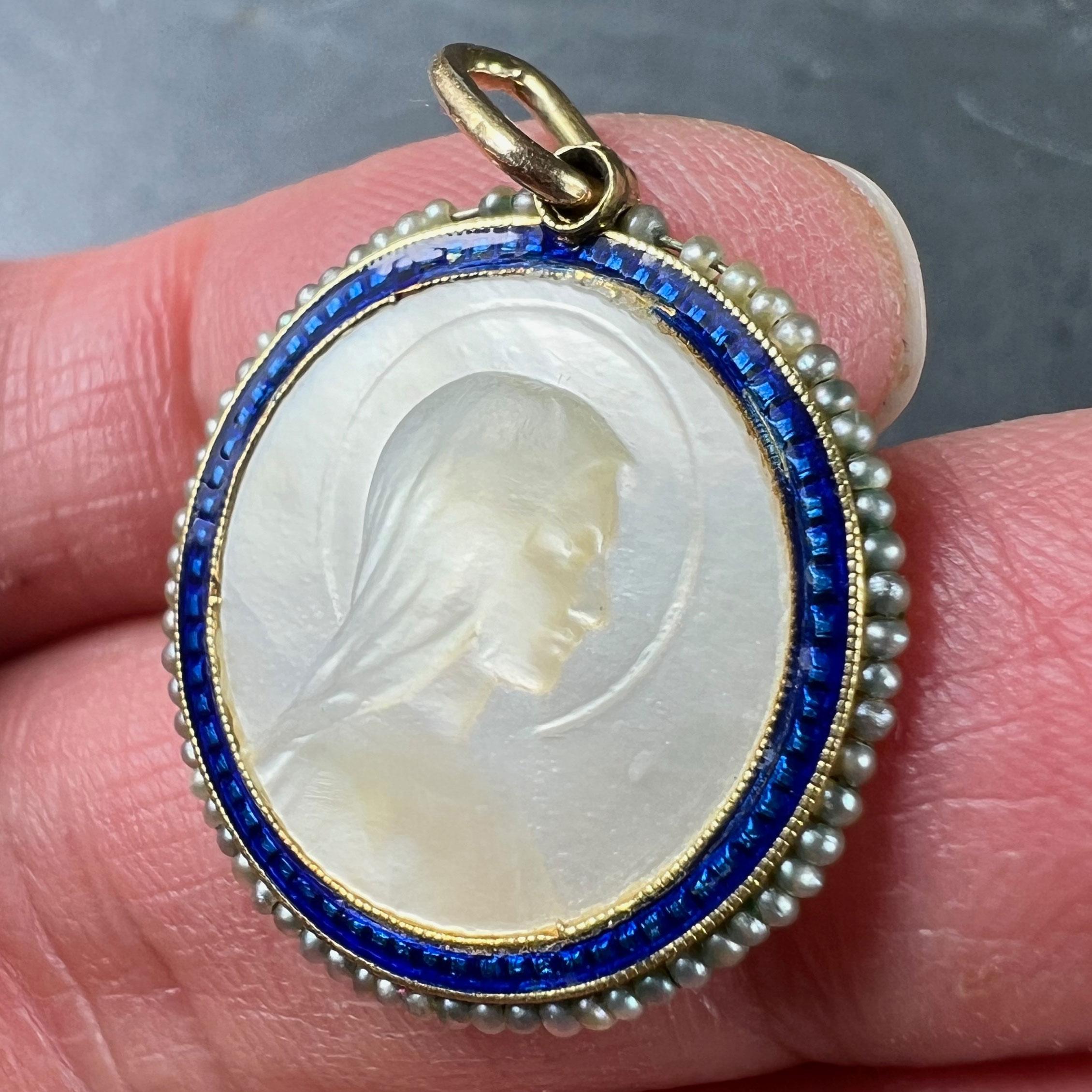 Virgin Mary Mother of Pearl Enamel 18K Yellow Gold Pearl Medal Pendant For Sale 1