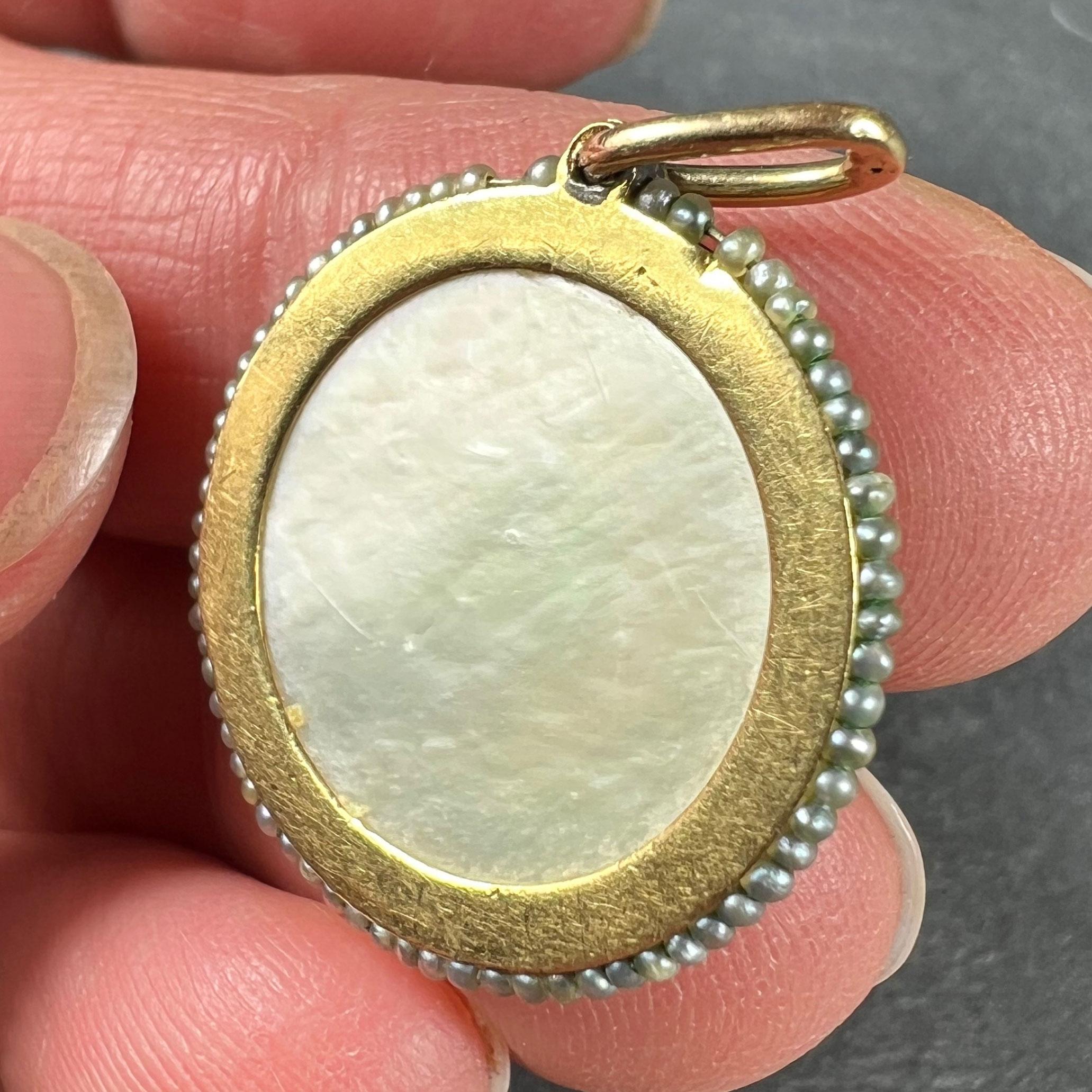 Virgin Mary Mother of Pearl Enamel 18K Yellow Gold Pearl Medal Pendant For Sale 3