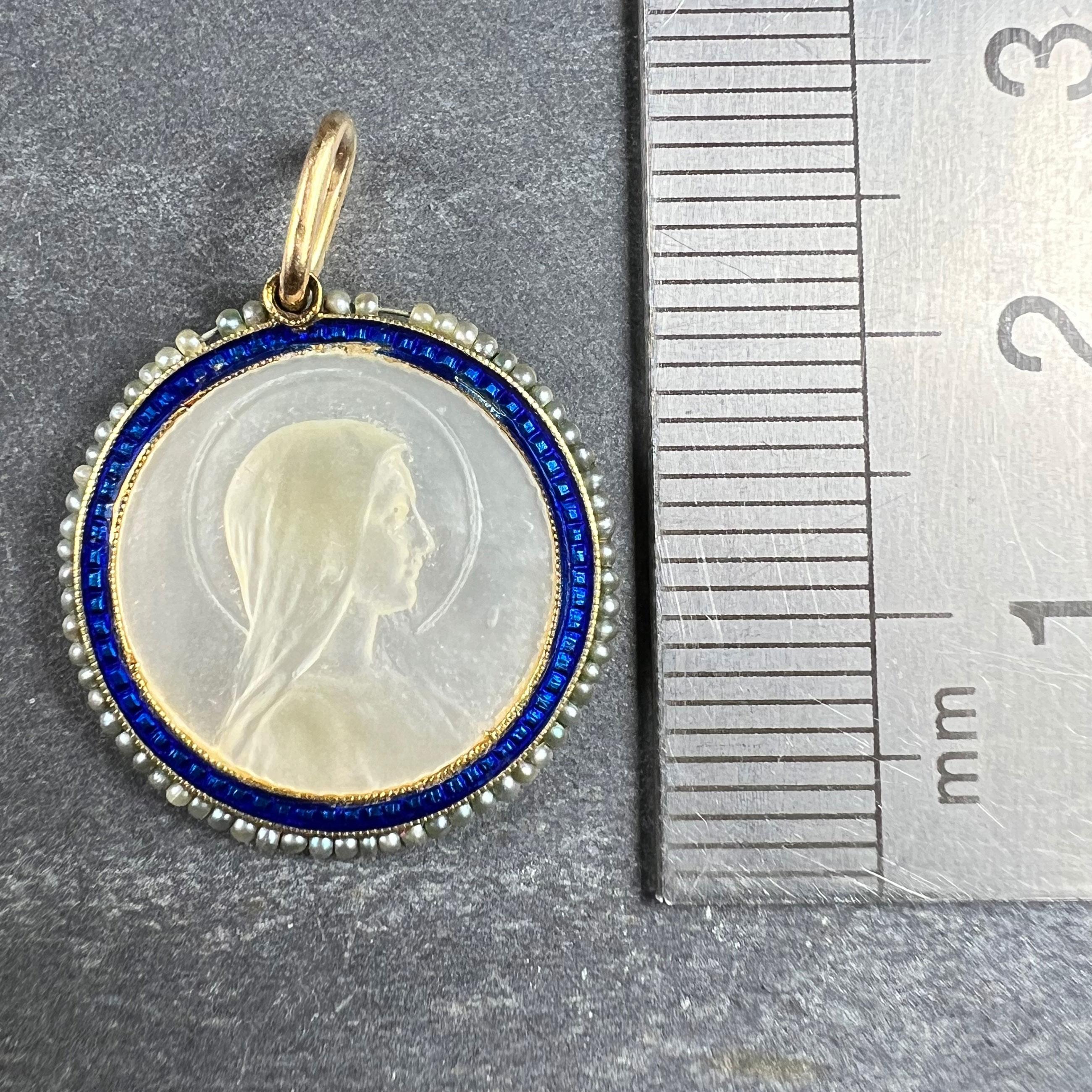 Virgin Mary Mother of Pearl Enamel 18K Yellow Gold Pearl Medal Pendant For Sale 4