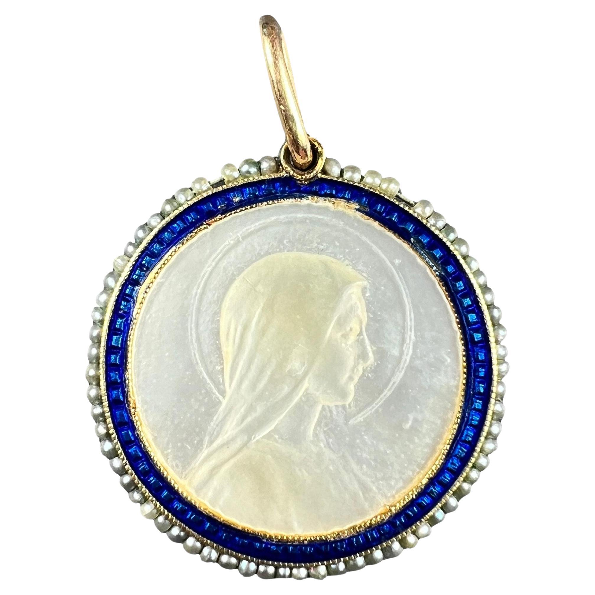 Virgin Mary Mother of Pearl Enamel 18K Yellow Gold Pearl Medal Pendant For Sale