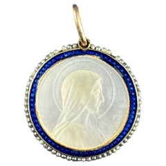 Vintage Virgin Mary Mother of Pearl Enamel 18K Yellow Gold Pearl Medal Pendant